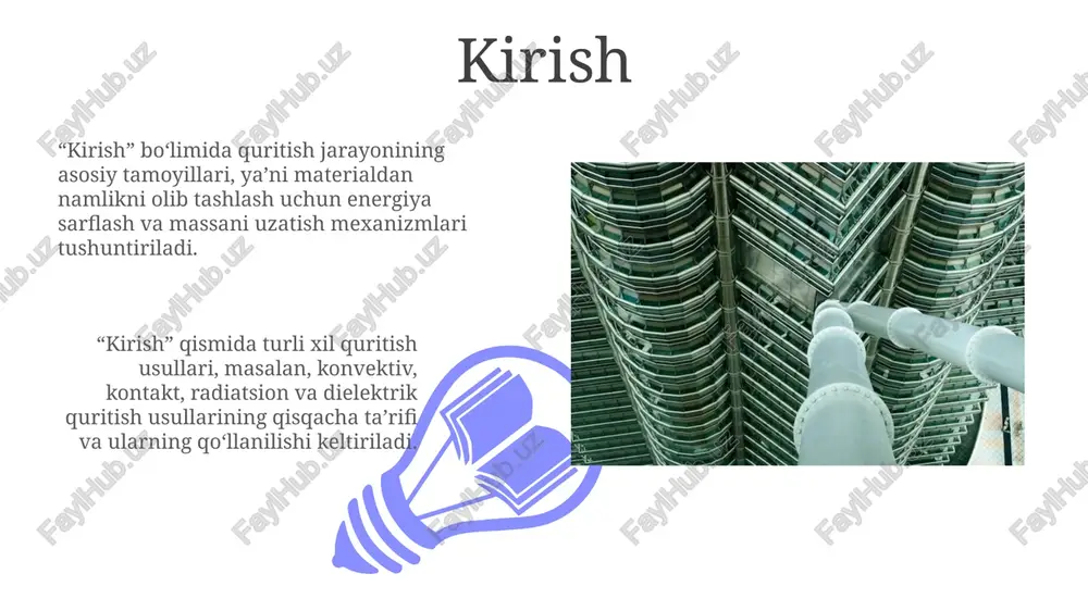 ali tovush to'lqinlari material ichidagi namlikni tezroq bug'lantirish uchun ishlatiladi, energiya sarfini 15-25% kamaytiradi. ultratovushli quritish uskunalarining narxi boshlang'ich bosqichda yuqori bo'lishi mumkin, lekin tez quritish va energiya tejamkorligi tufayli 1-3 yil ichida xarajatlar qoplanadi. mikroto'lqinli quritish mikroto'lqinli quritishda materialning ichki qismida issiqlik hosil bo'ladi, bu esa an'anaviy quritish usullariga nisbatan 50-70% gacha energiya tejamkorligini ta'minlaydi. mikroto'lqinli quritish yuqori tezlikka ega bo'lib, quritish vaqtini sezilarli darajada qisqartiradi, masalan, ba'zi materiallar uchun 10 daqiqadan 1 soatgacha va 20-40% gacha energiya tejaydi. xulosa va istiqbollar 01 02 kelajakda infraqizil va radiochastotali quritish texnologiyalari 30% gacha energiya tejash imkoniyatini beradi, lekin kapital xarajatlar baholanadi. sales 1st qtr 2nd qtr 100 0 sales 1st qtr 2nd qtr 100 0 e'tiboringiz uchun rahmat image5.jpg image6.jpg image7.jpg image8.jpg image9.jpg image10.jpg image11.jpg image12.jpg image13.jpg image14.jpg image15.jpg image16.jpg image1.jpeg image2.jpeg image3.jpeg