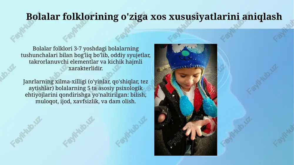 mkin, bu ritmni kuchaytiradi. bolalar qo'shiqlari va ularning xususiyatlari bolalar qo'shiqlarida oddiy tuzilish, qisqa satrlar va 2-4 qatorli bandlar xarakterlidir, bu esa ularni kichkintoylar uchun esda qolarli qiladi. ularda ko'pincha 1 yoki 2 xil ritmik naqsh mavjud bo'lib, bu bolalarga so'zlarni tushunish va qo'shiqqa qo'shilishni osonlashtiradi. folklorning bolalar rivojidagi o'rni folklor bolalar dunyoqarashini shakllantirishda muhim rol o'ynaydi, ularga 3-7 yoshda axloqiy me'yorlar, qadriyatlar va odob-axloq qoidalarini singdiradi, shu orqali jamiyatga moslashuviga yordam beradi. ertaklar, topishmoqlar va qo'shiqlar kabi folklor elementlari bolalarning 5 ta asosiy sezgi organlarini rivojlantiradi, ularning nutqini boyitadi hamda 2 yoshdan boshlab ijodiy fikrlash qobiliyatini oshiradi. madaniy merosni saqlashda folklorning roli folklor 1000 yillik tarixga ega bo'lib, urf-odatlar, marosimlar va og'zaki hikoyalar orqali madaniy merosni saqlashning muhim vositasidir. etnografik tadqiqotlar folklorning 7 xil janri orqali milliy o'zlikni mustahkamlashda, ayniqsa, bolalar folklori orqali muhim rol o'ynashini ko'rsatadi. folklor materiallarining tahlili folklor materiallarining tahlili ko'pincha janr xususiyatlarini aniqlashni o'z ichiga …