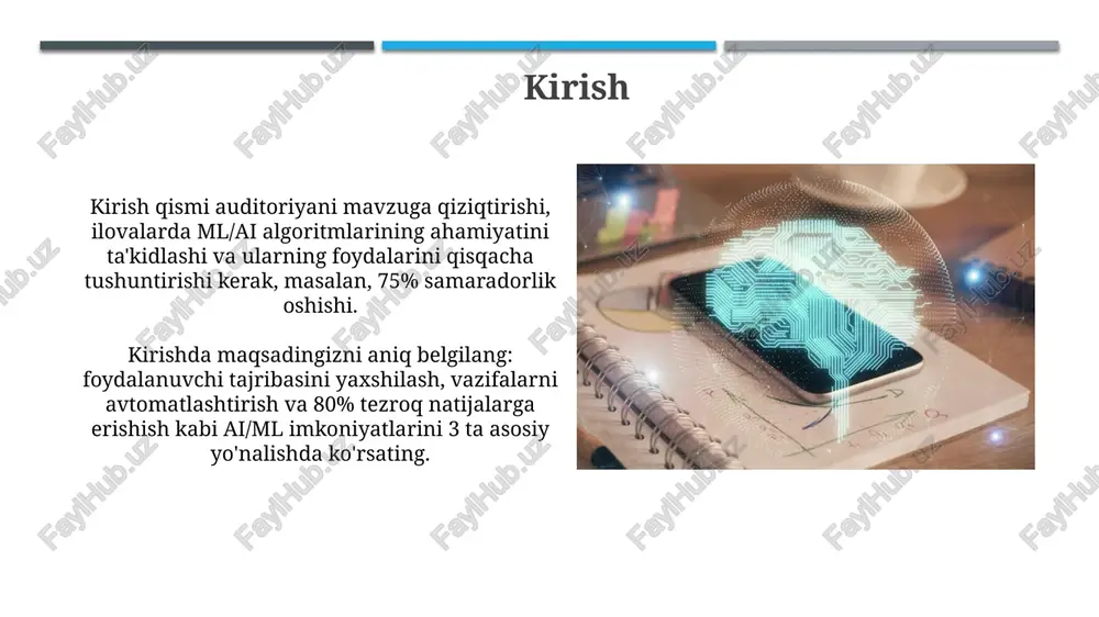 ish va qidiruv vaqtini 50% ga qisqartirish mumkin. prognozlash analitikasi prognozlash analitikasi 3 asosiy turga bo'linadi: tavsiflovchi (nima bo'ldi), prognozlovchi (nima bo'lishi mumkin) va preskriptiv (nima qilish kerak). ular biznes qarorlarini yaxshilash uchun tarixiy ma'lumotlarni tahlil qiladi. prognozlash analitikasi mobil ilovalarda foydalanuvchilarning xatti-harakatlarini bashorat qilish uchun qo'llaniladi, masalan, 7 kundan keyin qaysi foydalanuvchilar ilovani tashlab ketishi mumkinligini aniqlash va oldini olishga yordam beradi. salomatlikni saqlash sun'iy intellekt va ml algoritmlari surunkali kasalliklarni, masalan, 2-toifa diabetni oldindan aniqlashda, tibbiy ma'lumotlarni tahlil qilib, 90% aniqlikka erishishga yordam beradi. mobil ilovalar ekg ma'lumotlarini real vaqt rejimida tahlil qilib, yurak xastaliklari xavfini baholaydi. algoritmlar aritmiyani 95% aniqlikda aniqlaydi va shifokorlarga yuboradi. moliya 'moliya' mobil ilovasi odatda foydalanuvchilarning xarajatlarini kuzatish, budjet rejalashtirish va investitsiya portfellarini boshqarish uchun mo'ljallangan. ushbu ilovalar ko'pincha 128-bitli shifrlashdan foydalanib, ma'lumotlar xavfsizligini ta'minlaydi. 'moliya' ilovalarida sun'iy intellekt algoritmlari avtomatik xarajatlarni tasniflash, moliyaviy sohada shaxsiy maslahatlar berish va kredit ballarini prognoz qilish …
