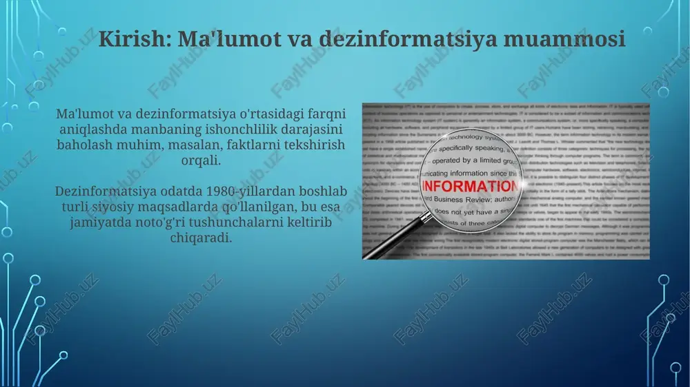 ekshirish mexanizmlarini ortda qoldirishi mumkin, bu esa katta muammo. algoritmlarning xolisligi masalasi dolzarb: agar o'quv ma'lumotlari noto'g'ri bo'lsa, sun'iy intellekt noto'g'ri ma'lumot tarqatuvchi vositaga aylanadi, bu esa 75% hollarda noto'g'ri xulosalarga olib keladi. ijtimoiy tarmoqlarda dezinformatsiya ijtimoiy tarmoqlarda dezinformatsiya, ayniqsa siyosiy mavzularda, saylov jarayonlariga ta'sir o'tkazish maqsadida 2024-yilda keng tarqalishi mumkin. soxta yangiliklar va manipulyatsiya qilingan kontent, odatda, 70% gacha foydalanuvchilarni chalg'itishi, jamiyatda noto'g'ri tushunchalar shakllanishiga olib kelishi kuzatilgan. psixologik ta'sirlar va dezinformatsiya dezinformatsiya qurbonlarida kognitiv dissonans 25% ga oshishi mumkin, bu ularning noto'g'ri ma'lumotlarga ishonchini mustahkamlovchi psixologik ta'sirdir. dezinformatsiya tarqatuvchilari ko'pincha auditoriyaning hissiyotlariga ta'sir o'tkazish uchun qo'rquv taktikalaridan foydalanadi, 30% holatda xabar dolzarbligini oshiradi. axborot savodxonligini oshirish axborot savodxonligini oshirish, faktlarni tekshirish ko'nikmalarini o'z ichiga oladi, jumladan, manbalarni baholash va turli xil ma'lumotlar to'plamlaridan ma'lumotlarni taqqoslash. 2024-yilda o'zbekistonda axborot savodxonligini oshirish bo'yicha milliy dastur ishga tushirilishi rejalashtirilgan, unga ko'ra 1 milliondan ortiq fuqaroning malakasini oshirish ko'zda tutilgan. media tanqidini …