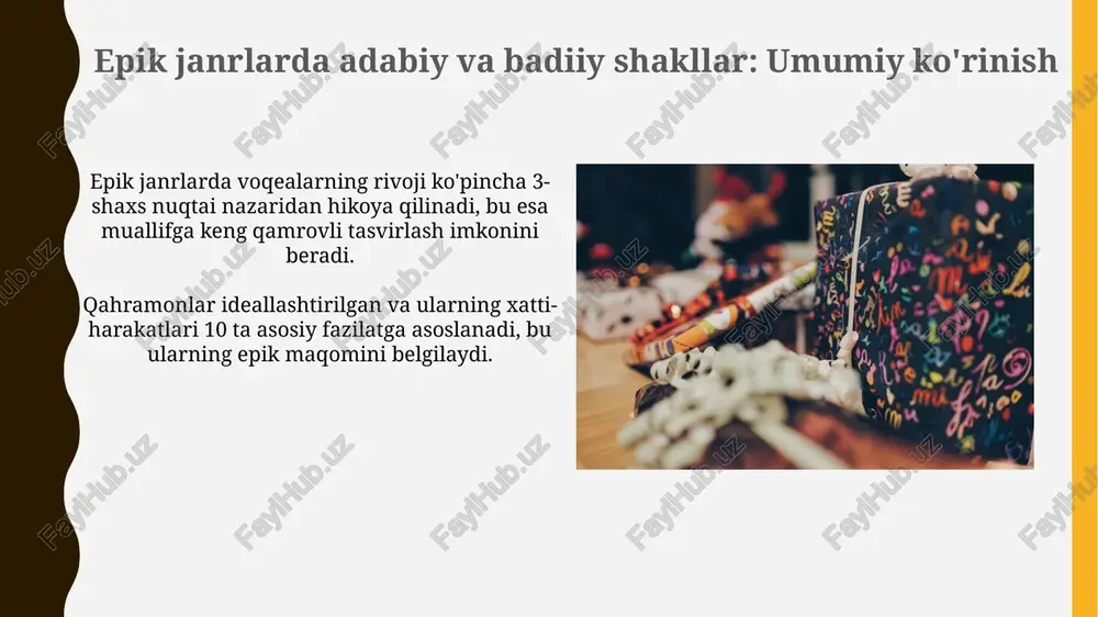 2-3 torli dutor yoki 13-17 torli dombra kabi cholg'u asboblarini ishlatib, epik syujetlarni kuy va rivoyat orqali yetkazadilar. tasviriy san'at va epos "tasviriy san'at eposda qahramonlarning jasoratini 12 ta asosiy syujet orqali ifodalaydi, masalan, rustamning 7 ta sinovi "shohnoma"da yoritilgan." eposlardagi tasviriy san'at 9-11-asrlarda gullab-yashnadi, unda mifologik obrazlar va afsonaviy voqealar 100 dan ortiq miniatyuralarda tasvirlangan. teatr va epos o'rtasidagi bog'liqlik teatr va epos o'rtasidagi bog'liqlik qadimgi yunonistonda dionisiy bayramlarida ko'rinadi, u yerda epik she'rlar dramatik spektakllar bilan birga o'qilgan, miloddan avvalgi 6-asr. o'zbek xalq dostonlarida, masalan, "alpomish", teatrlashtirilgan tasvirlar mavjud, unda baxshi (hikoyachi) turli xil ovozlar va imo-ishoralar orqali 10 dan ortiq personajni gavdalantiradi. eposning zamonaviy interpretatsiyalari zamonaviy talqinlar 1980-yillardan boshlab epik asarlarni gender nuqtai nazaridan o'rganib, ayol qahramonlarning rolini 2 barobar oshirdi. globalizatsiya davrida eposlar 21-asrda madaniyatlararo aloqalarni mustahkamlovchi vosita bo'lib, 3 xil tillarda qayta nashr etilmoqda. xulosa va kelajakdagi tadqiqotlar epik janrlarda tasvirning 20-asr usullarini o'rganish orqali, …