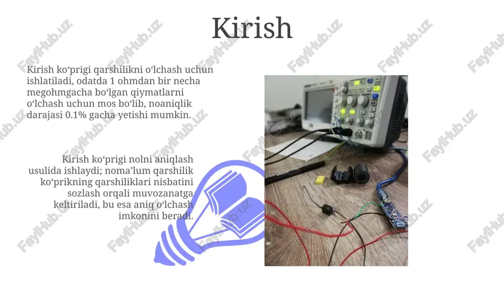 mlikni ta'minlaydi. zamonaviy ko'p funksiyali o'lchov asboblari raqamli displeylarga ega bo'lib, 0,5% dan 1% gacha aniqlik bilan o'lchashlarni ta'minlaydi, xatolikni kamaytiradi. o'lchov asboblarining aniqligi va xatoliklari o'lchov asbobining aniqligi uning haqiqiy qiymatga yaqinligini ifodalaydi. bu odatda foizlarda (%fs) ifodalanadi, masalan, ±0.5% fs, bu to'liq shkala diapazonining yarmini anglatadi. xatoliklar ikki turga bo'linadi: tasodifiy (random) xatoliklar va tizimli (systematic) xatoliklar. tasodifiy xatoliklarni minimallashtirish uchun o'lchovlar sonini oshirish zarurdir. xulosa 01 02 elektrik o'lchov asboblari turlari va ishlashi tahlili shuni ko'rsatadiki, har bir turdagi asbob o'lchov aniqligi va diapazoni uchun o'ziga xos afzalliklarga ega. sales 1st qtr 2nd qtr 100 0 sales 1st qtr 2nd qtr 100 0 e'tiboringiz uchun rahmat image5.jpg image6.jpg image7.jpg image8.jpg image9.jpg image10.jpg image11.jpg image12.jpg image13.jpg image14.jpg image15.jpg image16.jpg image1.jpeg image2.jpeg image3.jpeg