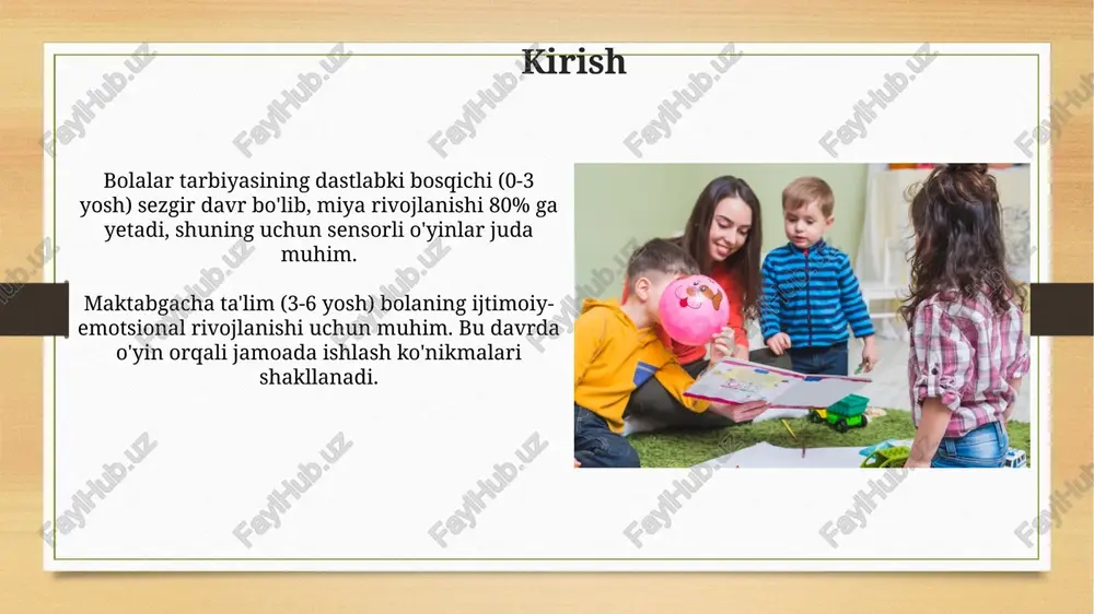 lashtirish jismoniy mashqlar 3 yoshdan 6 yoshgacha bo'lgan bolalarda muvofiqlashtirish, muvozanat va harakat tezligini rivojlantiradi, kuniga kamida 60 daqiqa faol bo'lish tavsiya etiladi. to'g'ri ovqatlanish va yetarli suyuqlik iste'moli (kuniga 1-1,5 litr) jismoniy mashqlar davomida energiyani saqlashga va erta yoshda sog'lom rivojlanishni ta'minlashga yordam beradi. axloqiy tarbiya axloqiy tarbiya 3-5 yoshdagi bolalarda yaxshi va yomon xulq-atvorni farqlash, kattalarga hurmat va kichiklarga mehr ko'rsatish kabi ilk tushunchalarni shakllantirishga qaratiladi. ilk axloqiy tarbiya jarayonida, 2 asosiy usul qo'llaniladi: bolalarga ibrat ko'rsatish va ularni yaxshi xulq-atvorga undash orqali 4 asosiy axloqiy fazilatni singdirish. mehnat tarbiyasi mehnat tarbiyasi erta yoshdan boshlab, 3-4 yoshdagi bolalarga oddiy topshiriqlar (o'yinchoqlarni yig'ish, stolni artish) orqali mehnat ko'nikmalarini shakllantirishni nazarda tutadi. 5-6 yoshli bolalar uchun mehnat tarbiyasi uy ishlarida yordam berish (ovqatlanish uchun idishlarni tayyorlash), shuningdek, o'z-o'ziga xizmat ko'rsatish elementlarini o'z ichiga oladi. oilaning roli oila ilk yoshdagi bolalar uchun eng muhim muhit bo'lib, ularning ijtimoiy-emotsional rivojlanishiga 70% gacha …
