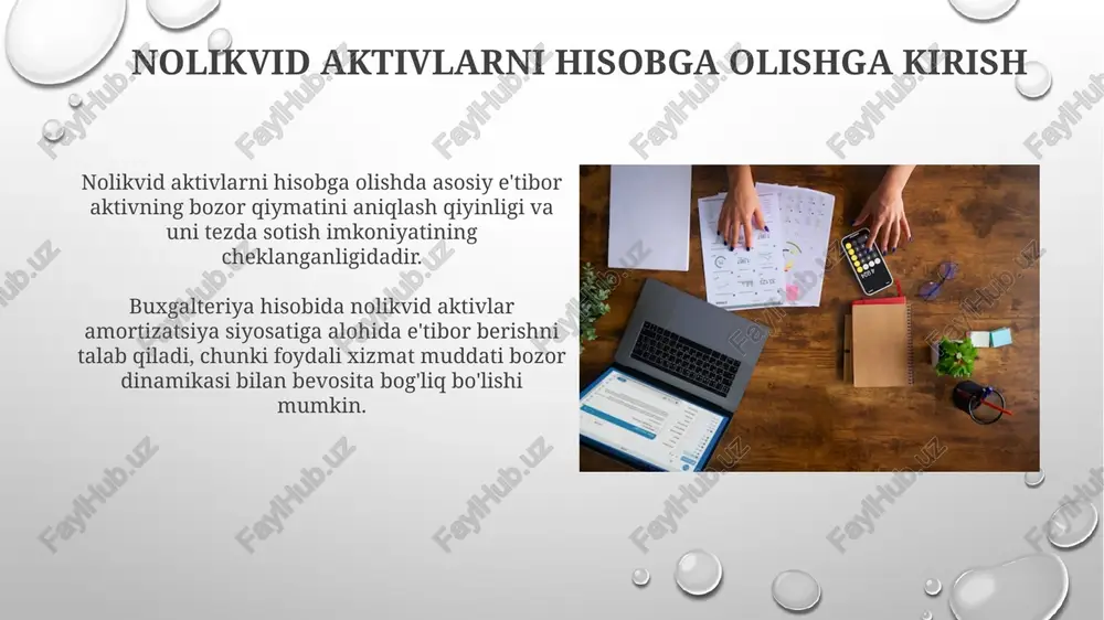 otib olish narxida tan olinadi. agar bozor qiymatini aniqlash imkoni bo'lmasa, 12 oydan ortiq muddat davomida amortizatsiya xarajatlari hisobga olinadi. nolikvid aktivlarning o'lchovi, odatda, ularning amortizatsiya qilingan qiymati bo'yicha amalga oshiriladi, bu esa aktivning foydali xizmat muddatini 3 yildan 50 yilgacha hisobga oladi. qiymatning pasayishi (impairment) testi qiymatning pasayishi testi aktivning balans qiymati uning qaytarib olinadigan summasidan oshib ketganligini aniqlash uchun o'tkaziladi, bu aktivning tiklanishi kutilmayotganligini ko'rsatadi. agar aktivning tiklanadigan summasi uning balans qiymatidan past bo'lsa, qiymatning pasayishi xarajatlari tan olinadi, bu aktivning balans qiymatini adolatli qiymatga qadar kamaytiradi. ochib berish talablari ochib berish talablari aktivning narxini aniqlashdagi asosiy taxminlarni, shuningdek, ularning xarid narxi yoki baholash metodlariga ta'sirini yoritishi kerak. agar illikvid aktivlar bo'yicha sezilarli yo'qotish bo'lsa, ochib berish summani, sababni va moliyaviy hisobotlarga ta'sirini batafsil bayon qilishi zarur. nolikvid aktivlar bilan bog'liq xatarlar nolikvid aktivlar tezda sotilmasligi tufayli, korxona favqulodda moliyaviy muammolarga duch kelishi mumkin, masalan, qisqa muddatli qarzlarini …