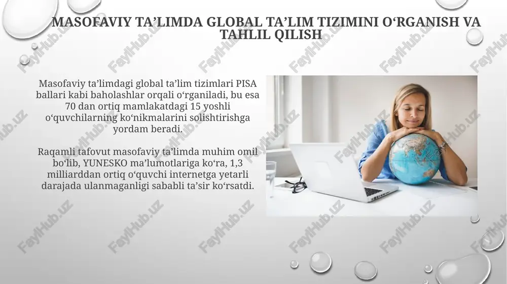 vlik va tenglik global masofaviy taʼlimda inklyuzivlik 1990-yillardan boshlab rivojlandi, bu esa imkoniyati cheklangan talabalarga moslashuvchanlikni taʼminladi. gender tengligi global masofaviy taʼlimda muhimdir, 55% ayollar ishtirok etishi bilan, bu esa oʻqish imkoniyatlarini kengaytiradi. masofaviy taʼlimning iqtisodiy va ijtimoiy taʼsiri masofaviy taʼlim kam daromadli oilalar uchun teng imkoniyatlarni yaratadi, geografik cheklovlarni olib tashlab, 25% gacha taʼlim xarajatlarini kamaytiradi. masofaviy taʼlim ijtimoiy kapitalni oshiradi, 30% koʼproq bitiruvchilar ish bilan taʼminlanadi va ixtisoslashgan sohalarda kadrlar tanqisligini kamaytiradi. xulosa va istiqbollar distance ta'limdagi global ta'lim tizimini o'rganishda 2024 yilga kelib 30% o'sish kuzatildi, bu esa ilg'or texnologiyalarni joriy etish zarurligini ko'rsatadi. kelajakda, sun'iy intellekt (ai) yordamida 45% gacha moslashtirilgan o'quv dasturlarini yaratish imkoniyati mavjud, bu esa o'quv samaradorligini oshiradi. e'tiboringiz uchun rahmat image2.png image5.jpg image6.jpg image7.jpg image8.jpg image9.jpg image10.jpg image11.jpg image12.jpg image13.jpg image14.jpg image15.jpg image16.jpg image3.png
