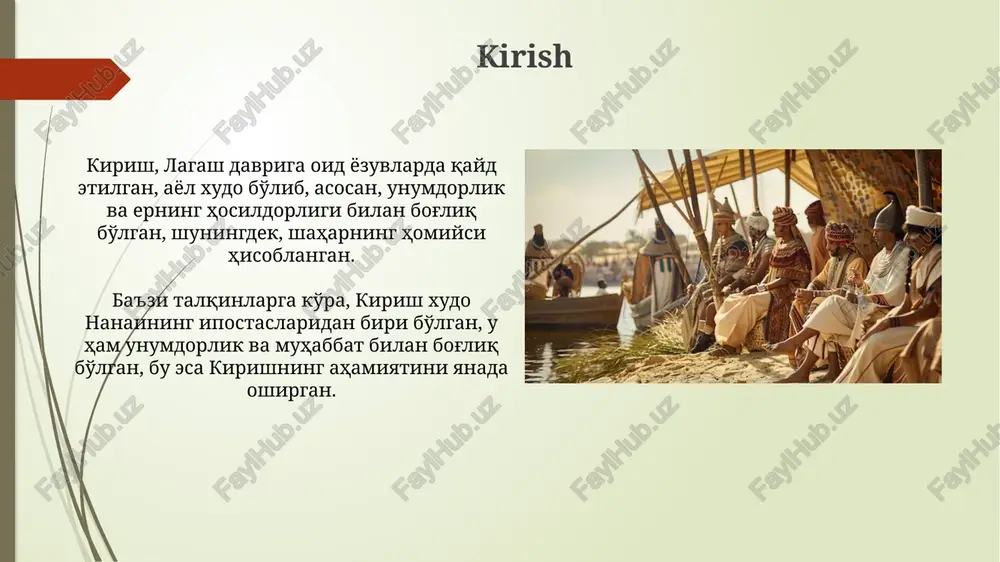ini hisoblash usullarini ishlab chiqdilar. qishloq xo'jaligi va irrigatsiya mesopotamiyaliklar miloddan avvalgi 6000-yillarda daryolar bo'yida dehqonchilik qilishgan, kanallar orqali suv chiqarish, hosildorlikni oshirishga erishgan va irrigatsiya tizimini yaratgan. sug'orishda asosan dajla va frot daryolaridan foydalanilgan, bu esa ikki daryo oralig'ida barqaror qishloq xo'jaligini ta'minlagan va aholi sonini ko'paytirishga imkon bergan. savdo va iqtisodiyot mesopotamiyaliklar savdosi natural almashinuvga asoslangan bo'lib, arzon tovarlar uchun qimmatbaho metallar, masalan, kumushning 1:6 nisbatda almashinuvi keng tarqalgan. ular irrigatsiya tizimlariga investitsiya qilib, qishloq xo'jaligi mahsulotlari, xususan, arpa hosildorligini oshirdi, bu esa savdo hajmining ortishiga sabab bo'ldi. oilaviy hayot va gender rollari mesopotamiyada oilar odatda katta edi, bir necha avlod birga yashardi; bu patriarxal tuzilma oila mulkini saqlash va mehnat resurslarini ko'paytirish uchun muhim edi. erkaklar oila boshlig'i hisoblanib, mulkni boshqarish, biznes yuritish va siyosiy qarorlar qabul qilish kabi asosiy vazifalarni bajarishgan, ayollar esa uy xo'jaligi va bolalar tarbiyasiga mas'ul bo'lishgan. musiqa va o'yin-kulgi mesopotamiyaliklar turli xil …