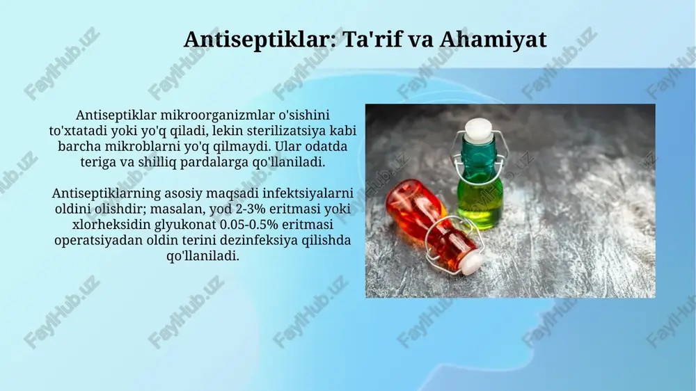 ning peptidoglikan qatlamini parchalab, hujayra devorini yo'q qiladi, 1-bosqichda himoya ta'minlaydi. antimikrob peptidlar (amp), masalan defensinlar, bakterial membranalar bilan o'zaro ta'sirlashib, ularda teshiklar hosil qiladi va ion o'tkazuvchanligini oshiradi. antibiotiklar: lokal qo'llaniladigan turlari mahalliy qo'llaniladigan antibiotiklar orasida tetratsiklinlar mavjud bo'lib, ular teri infektsiyalarini davolashda ishlatiladi, lekin ularning 10-20% gacha bo'lgan samaradorligi mavjud. eritromitsin kremi - bu mahalliy antibiotik bo'lib, u ko'pincha 1% konsentratsiyada husnbuzarlarni davolash uchun ishlatiladi, ammo uzoq muddat foydalanishda 30% holatlarda rezistentlik paydo bo'lishi mumkin. antiseptiklarga rezistentlik va uni oldini olish antiseptiklarga rezistentlikning oldini olish uchun, rotatsiya strategiyalari qo'llaniladi: 2-3 antiseptik moddalar klinikada ketma-ket ishlatiladi, bu esa mikroorganizmlar moslashuvini qiyinlashtiradi. antiseptik rezistentlikni oldini olishda, foydalanish bo'yicha qat'iy protokollarga rioya qilish muhimdir. masalan, qo'llarni yuvish uchun kamida 20-30 soniya antiseptik sovun bilan ishqalash kerak. e'tiboringiz uchun rahmat image3.jpg image4.jpg image5.jpg image6.jpg image7.jpg image8.jpg image9.jpg image10.jpg image11.jpg image12.jpg image13.jpg image14.jpg image1.png
