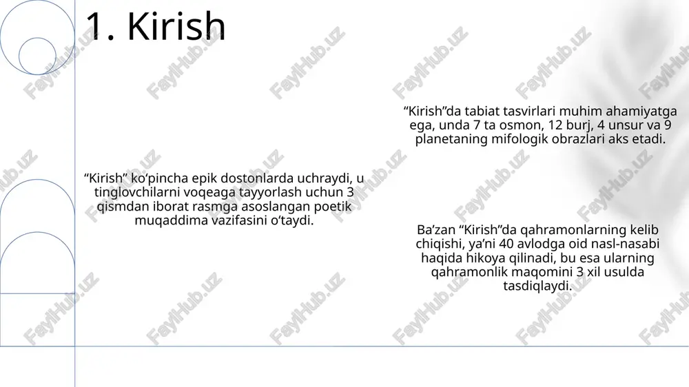 ari an'anaviy obrazlar xalqning 1) axloqiy me'yorlarini saqlaydi, 2) avloddan avlodga o'tishini ta'minlaydi va 3) ijtimoiy munosabatlarni tartibga solishda muhim ahamiyatga ega. ular 1) qahramonlik g'oyalarini shakllantirib, 2) milliy o'zlikni anglashga yordam beradi, 3) umuminsoniy qadriyatlarni (mehr-oqibat, adolat) targ'ib etish vazifasini bajaradi. obrazlar 1) badiiy mahoratni namoyon etadi, 2) xalq og'zaki ijodining estetik qimmatini oshiradi va 3) milliy madaniyatning o'ziga xosligini 100 foiz aks ettiradi. 8. an'anaviy obrazlarning vazifalari “xulosa” 14 ta misradan kam boʻlmagan axloqiy-didaktik xarakterdagi sheʼriy yakun boʻlib, asarning asosiy gʻoyasini 30 dan ortiq soʻz bilan ifodalaydi. “xulosa”da 2 yoki undan ortiq pand-nasihat elementlari uchraydi va 25 ga yaqin soʻz bilan ifodalangan hikoya yoki dostonning ibratli xulosasi beriladi. “xulosa” 19-asrdan oldingi qoʻlyozma adabiyotida keng tarqalgan boʻlib, 22 ta soʻz bilan kitobxonlarga muallifning asosiy maqsadini tushuntiradi. 9. xulosa e'tiboringiz uchun rahmat image2.png