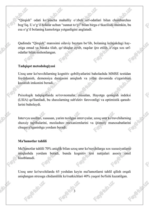 katta e'tibor berishadi, chunki do'stlar va oila bilan muloqot qilish 40% gacha stressni kamaytirishi mumkin. ijtimoiy aloqalar uzoq umr ko'ruvchilar, kamida 5 ta yaqin ijtimoiy aloqaga ega bo'lishadi; bu, 25% gacha depressiya xavfini kamaytirib, kognitiv qobiliyatlarni saqlashga yordam beradi. ijtimoiy faollik ko'rsatkichi baland bo'lganlarda, yurak-qon tomir kasalliklari xavfi 30% ga kamayadi, chunki doimiy aloqa stress gormonlarini tartibga soladi. o'zaro yordam guruhlarida qatnashish va 10 dan ortiq odam bilan muntazam muloqot qilish, immunitet tizimining faoliyatini 40% gacha oshirishi kuzatilgan. maqsad va ma'no «maqsad va ma’no» uzun umr ko‘ruvchilarning hayotiy yo‘nalishini belgilab beradi, ularning faoliyatida 70% dan ortiq qoniqish hissi va kundalik stressni kamaytiradi. 90 yoshdan oshganlar «maqsad va ma’no»ni shunchaki g‘oya emas, balki har kuni amalga oshiriladigan aniq vazifalar majmuasi sifatida tushunadilar, bu ularning faolligini 85% ga oshiradi. tadqiqotlar shuni ko‘rsatadiki, «maqsad va ma’no»ga ega bo‘lish uzoq umr ko‘ruvchilar orasida altsgeymer kasalligining rivojlanish xavfini 60% ga kamaytiradi va kognitiv funksiyalarni yaxshilaydi. …