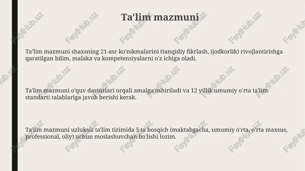 liklari va o'quv qo'llanmalari yaratish muhim ahamiyatga ega. uzliksiz ta'limning zamonaviy tendentsiyalari ta'limning inklyuzivligi nogironligi bo'lgan shaxslar uchun moslashuvchan o'quv dasturlarini ishlab chiqishni va ta'lim olishda teng imkoniyatlarni ta'minlashni anglatadi. raqamli texnologiyalarning integratsiyasi ta'lim mazmunini moslashtirib, 21-asr ko'nikmalarini rivojlantirishga qaratilgan adaptiv o'quv dasturlarini yaratishga imkon beradi. hayot davomida o'rganish (lifelong learning) tendentsiyasi uzluksiz o'sish va kasbiy rivojlanish uchun formal va informal ta'limni birlashtirgan o'quv kurslariga urg'u beradi. global ta'lim tendentsiyalari keng qamrovli ta'lim resurslariga bepul kirishni ta'minlash uchun oer (ochiq ta'lim resurslari) dan foydalanish tendensiyasi ortib bormoqda, bu esa tenglikni oshiradi. steam (fan, texnologiya, muhandislik, san'at, matematika) fanlarini o'qitishga integratsiyalashgan yondashuv, 21-asr ko'nikmalarini shakllantirish uchun tobora ommalashmoqda. adaptiv ta'lim texnologiyalari, masalan, ai (sun'iy intellekt) orqali shaxsiylashtirilgan o'quv tajribasini yaratish, o'quv jarayonini optimallashtirishga qaratilgan. kadrlar tayyorlashda uzluksizlik uzluksiz taʼlim konsepsiyasi shaxsning hayoti davomida bilim olishi, malaka oshirishi va qayta tayyorlanishini nazarda tutadi, bu 7-raqamli prezident farmonida mustahkamlangan. ta’limning uzluksizligi erta bolalik …