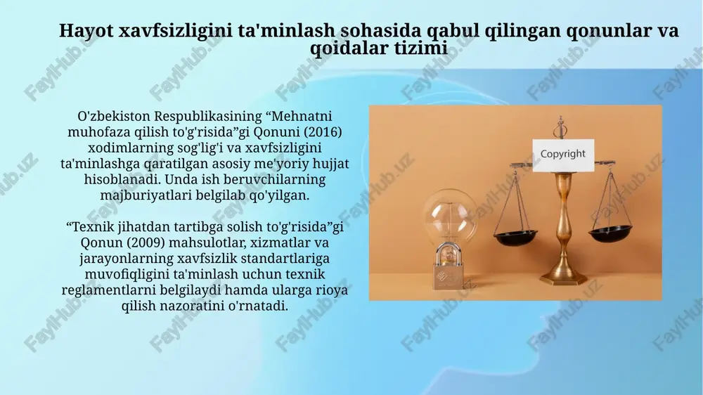 sh, odamlarni evakuatsiya qilish yo'llari va vositalari hamda yong'inni o'chirish tizimlariga qo'yiladigan talablar. sanoat xavfsizligi talablari sanoat xavfsizligi talablari 1997-yil 20-avgustdagi 216-sonli qonunga muvofiq, xavfli ishlab chiqarish ob'ektlarida avariyalar oldini olishga qaratilgan normativ hujjatlardir. ushbu talablar texnologik jarayonlar xavfsizligini, uskunalarning ishonchliligini va xodimlarning himoyasini ta'minlash uchun ishlab chiqilgan kompleks chora-tadbirlarni o'z ichiga oladi. javobgarlik va nazorat "javobgarlik", 1994-yilgi jinoyat kodeksining 20-moddasiga muvofiq belgilanadi. bunga rioya etmaslik holati uchun 50 minimal ish haqigacha jarima qo'llanilishi mumkin. "nazorat" tizimi, texnik reglamentlar (o'zbekiston respublikasi qonuni) va standartlar asosida ishlaydi. ushbu jarayon 15 dan ortiq organlar tomonidan amalga oshiriladi. e'tiboringiz uchun rahmat image3.jpg image4.jpg image5.jpg image6.jpg image7.jpg image8.jpg image9.jpg image10.jpg image11.jpg image12.jpg image13.jpg image1.png