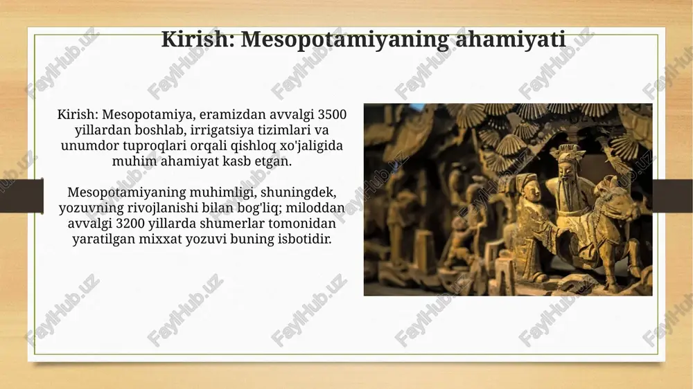 ematika mesopotamiyaliklar 60 raqamiga asoslangan sonlar tizimini ishlab chiqdilar, bu bizning vaqtni o'lchash usulimizda, ya'ni 60 soniyadan iborat daqiqa va 60 daqiqadan iborat soatda saqlanib qolgan muhim merosdir. ular irrigatsiya tizimlarini qurish va erlarni o'lchash uchun zarur bo'lgan geometriya va yer o'lchash bo'yicha katta bilimga ega edilar, bu esa qishloq xo'jaligi rivojiga katta hissa qo'shdi. san'at va haykaltaroshlik mesopotamiya san'atida haykaltaroshlik muhim o'rin egallagan, masalan, gudeaning 2120-2110 yillarga oid diorit haykallari hukmdorning qudratini aks ettirgan. uruk davriga (miloddan avvalgi 4000-3100 yillar) oid silindrsimon muhrlar hunarmandchilikning yuksakligini ko'rsatadi, unda murakkab sahnalar va diniy ramzlar o'yilgan. arxitektura va qurilish mesopotamiya me'morchiligi loy va qamishdan foydalangan, chunki tosh kam edi. xom g'isht (taxminan 30x30x10 sm) quyoshda quritilgan va asosiy qurilish materialiga aylangan. zikkuratlar, taxminan 4000-yilda paydo bo'lgan, qatlam-qatlam bo'lib ko'tarilgan ibodatxonalar edi. ularning asosi odatda 50x50 metrdan ortiq bo'lgan va 3-7 qavatdan iborat bo'lgan. qishloq xo'jaligi va irrigatsiya mesopotamiyada dehqonchilik miloddan avvalgi 6000-yillarga …