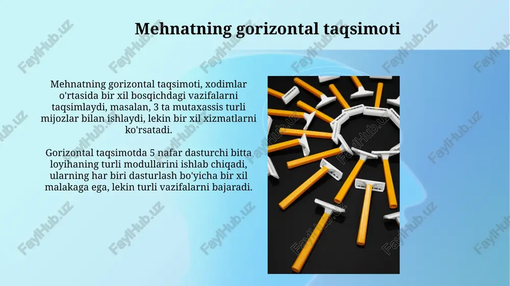 mmunikatsiya kanallari tashkilotda axborot almashinuvini ta'minlaydi. masalan, 70% elektron pochta, 20% yuzma-yuz uchrashuvlar va 10% telefon orqali bo'lishi mumkin, bu samaradorlikka ta'sir qiladi. gorizontal bo'linishda, guruhlar o'rtasida axborot almashish kanallari (masalan, 60% elektron pochta, 30% yig'ilishlar, 10% xabarlar) integratsiyani ta'minlaydi va qaror qabul qilishni tezlashtiradi. koordinatsiya mexanizmlari koordinatsiya mexanizmlari 3 asosiy turga bo'linadi: o'zaro moslashuv, to'g'ridan-to'g'ri nazorat va standartlashtirish, har biri tashkilot samaradorligini oshirishga qaratilgan turli xil strategiyalarni taqdim etadi. o'zaro moslashuv informalli aloqaga tayanadi, bunda 2 yoki undan ortiq shaxslar o'z harakatlarini o'zaro kelishib, moslashtiradilar, bu esa 10 yoki undan kam a'zosi bo'lgan kichik guruhlar uchun juda muhim. kadrlar tayyorlash va malaka oshirish «kadrlar tayyorlash milliy dasturi»da malakali mutaxassislar tayyorlash uchun uzluksiz ta’lim tizimi, ya’ni, 5 bosqichli (maktabgacha, umumiy o’rta, o’rta maxsus, professional, oliy ta’lim) tizim belgilangan. prezidentning 2019-yil 6-sentabrdagi farmoni bilan worldskills xalqaro standartlariga muvofiq ishchi kasblar bo’yicha kompetensiyalarni rivojlantirish orqali malaka oshirish maqsad qilib qo’yilgan. motivatsiya va …