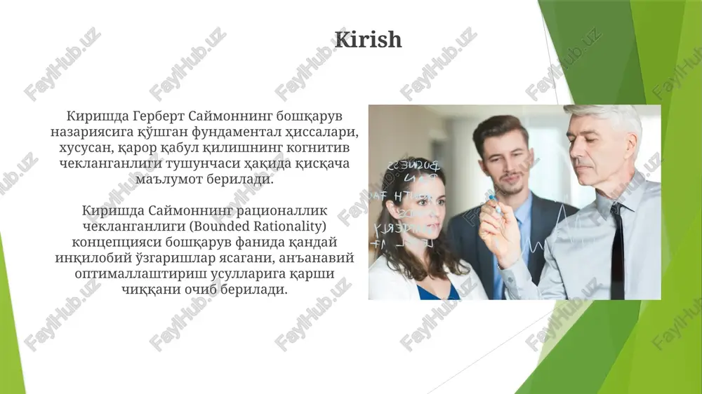 qarorlar qabul qilishga yordam beradi. kompyuterlashtirish xarajatlarni kamaytirishga olib keladi, chunki u xodimlarning kundalik vazifalarini avtomatlashtiradi va 99% gacha xatoliklarni oldini oladi. saymonning tashkilot tuzilmasiga munosabati saymon tashkilot tuzilmasini qaror qabul qilish markazlari ierarxiyasi sifatida ko'radi, bunda har bir daraja avvalgisidan torroq qarorlar doirasiga ega. u muvofiqlashtirish mexanizmlariga e'tibor qaratdi, masalan, standartlashtirish va o'zaro moslashuv, tashkilot tuzilmasini shakllantirishda ularning rolini ta'kidladi. markazlashuv va markazdan qochish masalalari g.simon markazlashuvni muayyan qarorlarni yuqori darajada qabul qilish, markazdan qochishni esa quyi darajada qabul qilish deb ta'riflaydi, bu 70/30 qoidasiga mos keladi. markazlashuv va markazdan qochish nisbati, 6 sigma doirasida tashkilotning 20% xodimlarining vakolatlarini kengaytirish orqali muvaffaqiyatga erishish mumkinligini ko'rsatadi. saymonning motivatsiya nazariyasiga qo'shgan hissasi saymon qaror qabul qilishda ratsionallik chegaralanganligini ta'kidlab, motivatsiyaga ta'sir etuvchi omillarni kognitiv cheklovlar bilan bog'ladi. bu 1947-yilda «ma'muriy xulq-atvor» asarida yoritilgan. u tashkilotlarda odamlarning motivatsiyasi, maqsadi va xatti-harakatlari tashqi ta'sirlar, qadriyatlar hamda maqsadlarni o'z ichiga oladi deb hisoblagan. buni …
