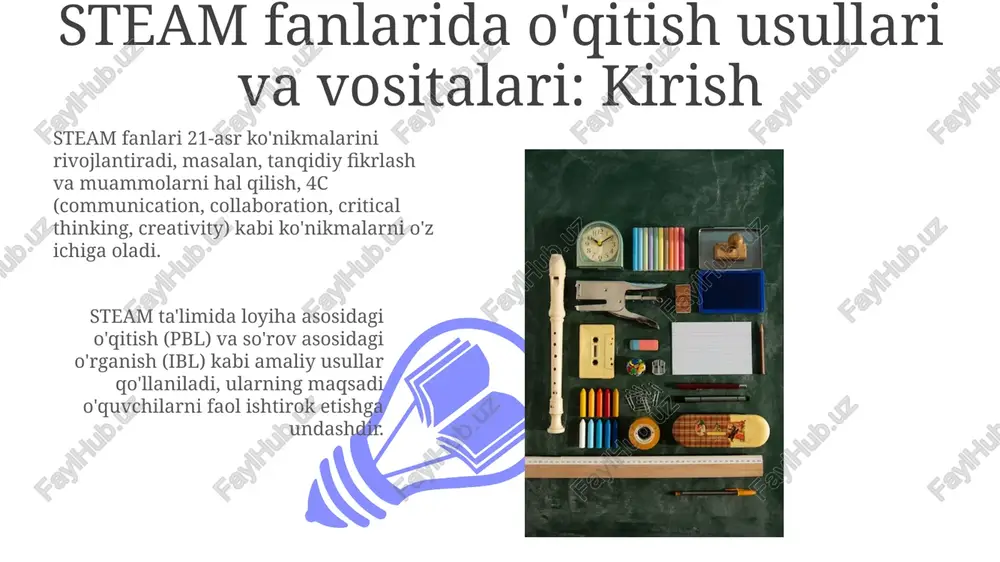 arini o'rganish imkonini beradi, masalan, kimyoviy reaktsiyalar simulyatsiyasi. baholash usullari va rubrikalar rubrikalar baholash jarayonida aniqlik va xolislikni oshiradi, bunda har bir baholash mezoniga aniq ta'riflar va ballar beriladi, bu esa o'qituvchilarga adolatli baho qo'yishga yordam beradi. baholash usullari, jumladan formativ baholash (masalan, tezkor savollar) va summativ baholash (yakuniy imtihonlar), o'quvchilarning bilim olish jarayonini kuzatish va baholash imkonini beradi. resurslar va keyingi qadamlar 01 02 steam fanlarini o'qitish uchun o'qituvchilarga onlayn platformalar va 3d modellashtirish dasturlari kabi bepul resurslardan foydalanish tavsiya etiladi, bu esa amaliy ko'nikmalarni rivojlantirishga yordam beradi. sales 1st qtr 2nd qtr 100 0 sales 1st qtr 2nd qtr 100 0 e'tiboringiz uchun rahmat image5.jpg image6.jpg image7.jpg image8.jpg image9.jpg image10.jpg image11.jpg image12.jpg image13.jpg image14.jpg image15.jpg image16.jpg image1.jpeg image2.jpeg image3.jpeg