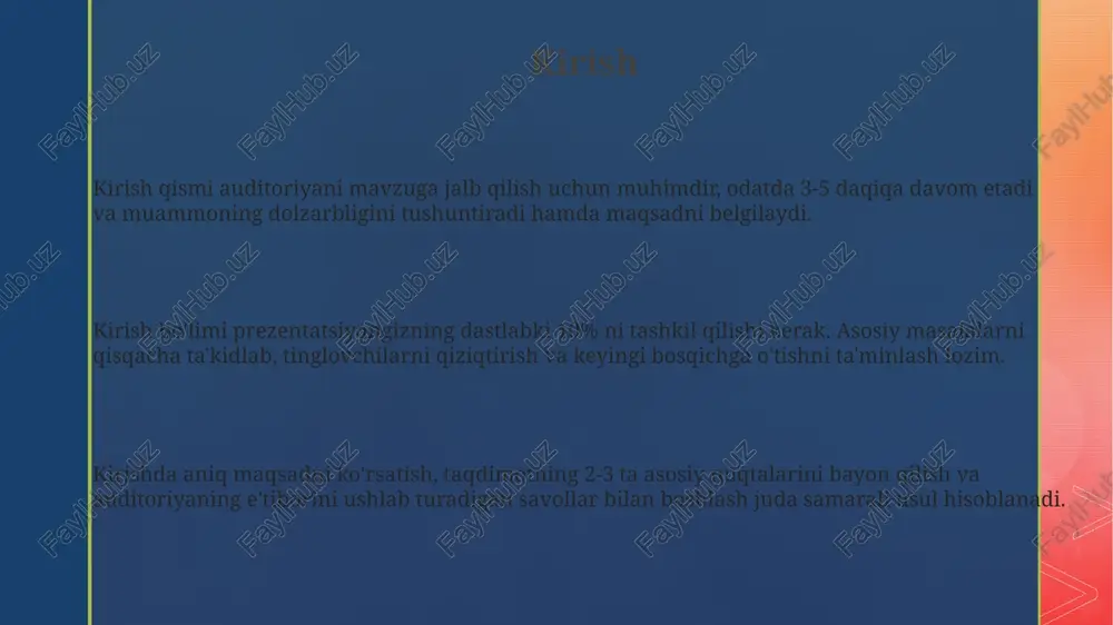 rishi kerak. yangi xavfsizlik patchlari orqali, zaifliklar bartaraf etiladi. kamida 90 kunda bir marta yangilanishlarni tekshiring. xulosa xulosa kelajakdagi tadqiqotlar uchun yo'nalish beradi, masalan, 1000 ta namunada qo'shimcha tahlil qilish yoki 2 yillik kuzatuv davrini o'rganish taklif qilinishi mumkin. xulosa yakuniy natijani ta'kidlaydi, tadqiqot savoliga aniq javob beradi va 95% ishonch intervali kabi muhim statistik ko'rsatkichlarni qisqacha yoritadi. xulosada asosiy natijalarning amaliy ahamiyati muhokama qilinadi; masalan, yangi davolash usuli 75% samaradorlik ko'rsatganligi klinik amaliyotga qanday ta'sir qilishi mumkinligi. e'tiboringiz uchun rahmat image1.png image2.png