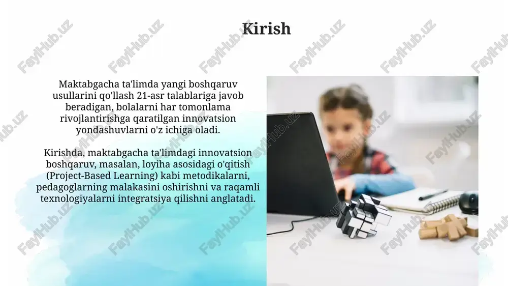 i bajarishda ota-onalarning faol ishtirokini ta'minlash, bolaning mustaqilligini oshirishga yordam beradi. "oilaviy klublar" tashkil etish orqali ota-onalar o'rtasida tajriba almashish, bolaning rivojlanishi haqida ma'lumot olish va psixologik maslahatlar bilan ta'minlash imkoniyatini beradi. raqamli resurslardan foydalanish raqamli resurslar bolalarning 4-5 yoshdagi kognitiv rivojlanishini interaktiv o'yinlar, masalan, raqamli jumboqlar va 3d modellar orqali 30% ga oshirishi mumkin. zamonaviy dasturlar orqali erta yoshdagi bolalar uchun qulay bo'lgan 20 dan ortiq raqamli hikoya va qo'shiqlarni yaratish, ularning til ko'nikmalarini rivojlantirishga yordam beradi. maktabgacha ta'lim muassasasining marketingi maktabgacha ta'lim marketingi 4p (mahsulot, narx, joy, targ'ibot) strategiyasini o'z ichiga oladi, bunda "mahsulot" sifatli ta'lim va xizmatlarni, "narx" esa ota-onalar uchun qulay to'lovlarni anglatadi. raqamli marketing, jumladan, ijtimoiy media (facebook, instagram) orqali maqsadli auditoriyaga yetib borish, bolalar bog'chasining noyob afzalliklarini (masalan, steam yondashuvi) targ'ib qilish muhim ahamiyatga ega. innovatsion loyihalarni moliyalashtirish innovatsion loyihalarni moliyalashtirishda 50% gacha xarajatlarni qoplash uchun davlat grantlari ajratilishi mumkin, bu esa sifatli ta'lim …