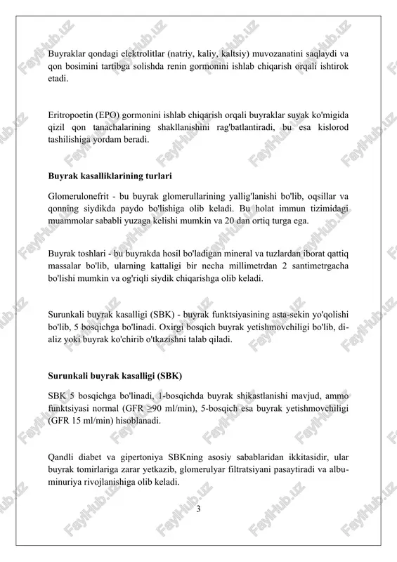 ri, masalan, iga nefropatiyasi, genetik moyillikka ega bo'lishi mumkin va oilaviy anamnezda kasallikning mavjudligi xavfni oshiradi, ayniqsa 20-30 yoshdagi erkaklarda. glomerulonefritning o'tkir shakli streptokokk infektsiyasidan 1-3 hafta o'tgach rivojlanishi mumkin va bu holda antistreptolizin o (aso) titri yuqori bo'lishi mumkin, bu kasallik diagnostikasida muhim ahamiyatga ega. buyrak kasalliklarining sabablari nefrotik sindrom, bolalarda buyrak kasalligining sababi, oqsillarning siydik bilan yo'qolishiga olib keladi, bu esa qon oqsili darajasining pasayishiga va shish paydo bo'lishiga olib keladi. diabetning uzoq muddatli nazoratsizligi, qon tomirlariga zarar yetkazadi va diabetik nefropatiyani keltirib chiqaradi, bu buyrak kasalligining 1-toifa va 2-toifa diabet bilan og'rigan odamlarda sabab bo'lishi mumkin. yuqori qon bosimi (gipertoniya) buyrakdagi mayda qon tomirlariga zarar yetkazishi mumkin, bu esa buyrak etishmovchiligiga olib keladi. gipertoniya nefrosklerozning asosiy sababidir. xavf omillari qandli diabet 1- va 2-toifa diabet bilan og'rigan odamlarda buyrak kasalligi rivojlanish xavfi yuqori, qondagi yuqori qand buyraklarga zarar yetkazadi. gipertoniya, yoki yuqori qon bosimi, buyrak tomirlarini shikastlashi …