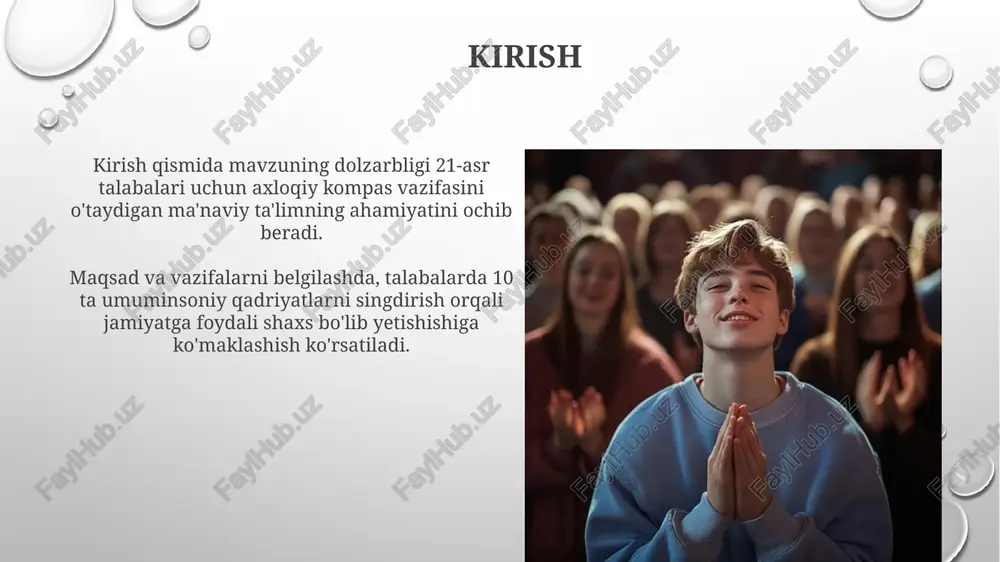 higa olgan o'zbek xalqining diniy qadriyatlarini mustahkamlaydi. islom dini, adolat, halollik va 5 vaqt namoz kabi 7 ta asosiy ibodatlarni bajarish orqali o'quvchilarning ma'naviy rivojlanishiga katta ta'sir ko'rsatadi. yosh avlodning ma'naviy immunitetini shakllantirish yosh avlodning ma'naviy immunitetini shakllantirishda milliy qadriyatlar, xususan, 14 ta asosiy insoniy fazilatlar muhim rol o'ynaydi. ma'naviy immunitetni mustahkamlashda oila, maktab va mahalla hamkorligini kuchaytirish, 20 dan ortiq turdagi yoshlar tashkilotlarini qo'llab-quvvatlash kerak. ma'naviy-axloqiy tarbiyaning zamonaviy muammolari axborot texnologiyalari rivojlanishi tufayli yoshlarda 10-15% gacha virtual qaramlik kuchaygan, bu esa real ijtimoiy aloqalarni susaytiradi va axloqiy me'yorlarga befarqlikni keltirib chiqaradi. globalizatsiya ta'siri ostida milliy qadriyatlarning 20% gacha ahamiyati pasaymoqda, yoshlar orasida individualizm va iste'molchilik madaniyati 30% gacha o'sish kuzatilmoqda. ma'naviy-axloqiy tarbiyada innovatsion yondashuvlar «axloqiy darslar 2.0» dasturi: virtual reallikdan foydalanib, empatiyani 30% ga oshirish, axloqiy dilemmalarni simulyatsiya qilish orqali talabalarni faollashtiradi. «kamolot sari 5 qadam» loyihasi: har haftalik individual mentoring sessiyalari orqali, talabalarning ma'naviy yetukligini 25% ga ko'tarishga …