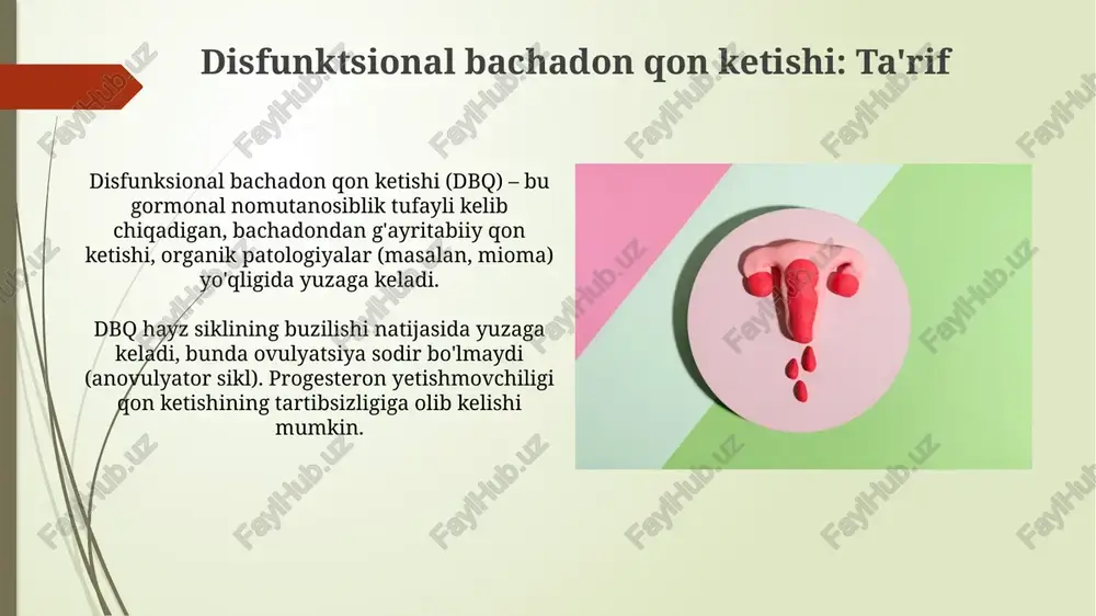 i anamnez, fizik tekshiruv va qon testlarini o'z ichiga oladi; qonda tsh, prolaktin va temir darajasini aniqlash muhim. endometrial biopsiya, ayniqsa qon ketishi kuchli bo'lsa yoki gormonal davolashga javob bermasa, endometriyal giperplaziya yoki saratonni istisno qilish uchun zarurdir. perimenopauzadagi dub: davolash perimenopauzada dubni davolashda progesteronli iud, masalan, mirena, gormonal muvozanatni tiklash va qon ketishni kamaytirish uchun samarali usul hisoblanadi, 5 yilgacha. traneksamik kislota, odatda 1000-1500 mg dozada kuniga 3 marta qabul qilinadi, qon ketishni to'xtatish uchun antifiksiv preparat sifatida ishlatiladi, lekin tromboemboliya xavfini baholash kerak. dubni boshqarishdagi umumiy tamoyillar qon ketishni to'xtatish uchun dori terapiyasi, masalan, progestinlar yoki kombinatsiyalashgan oral kontratseptivlar, gormonal muvozanatni tiklashga va endometrial o'sishni nazorat qilishga qaratilgan. anemiyani davolash temir preparatlari bilan amalga oshiriladi, gemoglobin darajasini oshirish va simptomlarni bartaraf etish maqsadida, agar qon yo'qotish katta bo'lsa, qon quyish kerak bo'lishi mumkin. dub asoratlari dub asoratlari anemiyani o'z ichiga olishi mumkin, bunda og'ir qon ketishi gemoglobin darajasini …