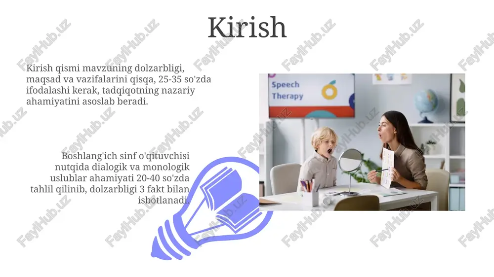 . monologik nutqning xususiyatlari monologik nutqning xususiyatlaridan biri – fikrning mantiqiy ketma-ketligi. o'qituvchi 5-6 ta bog'langan gapdan iborat izchil bayon qilishi talab etiladi. monologik nutqda leksik va grammatik vositalarning xilma-xilligi muhim. o'qituvchi 7-8 ta turli xil so'z birikmalaridan foydalanishi maqsadga muvofiqdir. monologik nutqning turlari 01 02 hikoyaviy monolog nutqi voqealarni, odamlarni, joylarni tavsiflashni o'z ichiga oladi. bu turdagi nutqda 1-shaxs yoki 3-shaxs nuqtai nazaridan turli xil detallar bayon etiladi. sales 1st qtr 2nd qtr 100 0 sales 1st qtr 2nd qtr 100 0 monologik nutqni rivojlantirish metodlari hikoyalar tuzish usuli: 5w1h savollaridan foydalanib, 'kim', 'nima', 'qachon', 'qayerda', 'nima uchun' va 'qanday' savollariga javob beradigan 25-35 so'zdan iborat monolog yaratishga o'rgatiladi. tasviriy bayon usuli: o'quvchilarga 20-30 so'zdan iborat ob'ektni tasvirlash, uning xususiyatlari (rangi, shakli, hajmi) va funktsiyalarini aniq ifodalash orqali monologik nutqni rivojlantirish tavsiya etiladi. o'qituvchi nutqida dialog va monologning o'rni o'qituvchi dialogik nutqi 70% dan ortiq savol-javob, muammoli vaziyatlarni o'z …