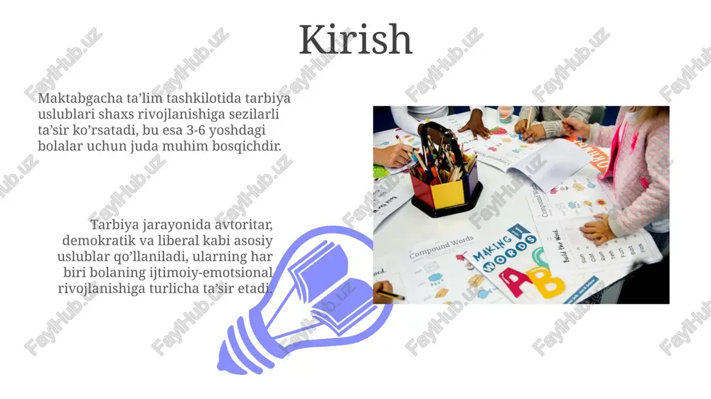 susiyatlari, masalan, temperament va qobiliyatlar, tarbiya uslubini tanlashda erta yoshda 3-5 yoshdagi ta'sirini hisobga olish muhim. ota-onalarning ta'lim darajasi va tarbiya bo'yicha bilimlarining yetarliligi, jumladan, 1-sinfgacha bo'lgan bolalarda psixologik rivojlanish qonuniyatlari uslub tanlashga ta'sir qiladi. tarbiya uslublarini optimallashtirish bo'yicha tavsiyalar pedagogik xodimlarning malakasini oshirish, ularning 21-asr ko'nikmalari va bolalar psixologiyasi bo'yicha bilimlarini muntazam ravishda yangilab turish, tarbiya uslublarini optimallashtiradi. ota-onalar bilan doimiy muloqotni yo'lga qo'yish, bolaning uy sharoitidagi xususiyatlarini hisobga olgan holda individual tarbiya strategiyalarini ishlab chiqish muhim ahamiyatga ega. xulosa 01 02 xulosa shuni ko'rsatadiki, erta bolalikda qo'llaniladigan tarbiya usullari shaxsning ijtimoiy moslashuvi va 7-9 yoshdagi bolalarning xulq-atvoriga sezilarli ta'sir ko'rsatadi. sales 1st qtr 2nd qtr 100 0 sales 1st qtr 2nd qtr 100 0 e'tiboringiz uchun rahmat image5.jpg image6.jpg image7.jpg image8.jpg image9.jpg image10.jpg image11.jpg image12.jpg image13.jpg image14.jpg image15.jpg image16.jpg image1.jpeg image2.jpeg image3.jpeg