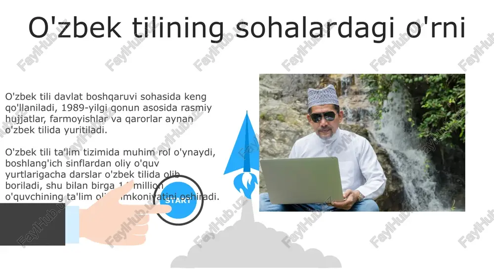 ida ish yuritishni o'zbek tilida to'liq ta'minlash, hujjat aylanishini optimallashtirish choralarini ko'radi. o'zbek tilining xalqaro aloqalarda qo'llanilishi o'zbekistonning 1992-yilda bmtga a'zo bo'lishi bilan o'zbek tili xalqaro minbarlarda ishlatila boshlandi, bu esa davlatning tashqi siyosiy faoliyatida muhim ahamiyat kasb etadi. o'zbek tilida ikki tomonlama va ko'p tomonlama shartnomalar imzolanishi, xalqaro tashkilotlar bilan aloqalarda foydalanilishi, uning diplomatik maqomini oshiradi va huquqiy ahamiyatini mustahkamlaydi. 06 05 04 o'zbek tilini rivojlantirish istiqbollari 01 02 o'zbek tilining rivojlanish istiqbollari 2030-yilgacha bo'lgan davrda, raqamli texnologiyalar orqali lingvistik resurslarni kengaytirish va sun'iy intellekt sohasida tadqiqotlar olib borishni o'z ichiga oladi. o'zbek tilida 100 mingdan ortiq elektron lug'atlar, terminologik bazalar yaratish va uni xalqaro standartlarga moslashtirish, shuningdek, tilni o'qitishning innovatsion usullarini joriy etish muhim ahamiyatga ega. e'tiboringiz uchun rahmat image6.jpg image7.jpg image8.jpg image9.jpg image10.jpg image11.jpg image12.jpg image13.jpg image14.jpg image15.jpg image16.jpg image1.jpeg image2.jpeg image3.jpeg image4.jpeg