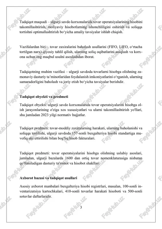iston respublikasi soliq kodeksining 23-moddasiga muvofiq, ularning haqiqiy xarajatlari inobatga olinishi shart. ulugurji savdo korxonalarida tovarlar hisobining xususiyatlari ulugurji savdoda tovarlar hisobi fifo, lifo, va o'rtacha narx usullari orqali yuritiladi, bu usullar moliyaviy natijalarga sezilarli ta'sir ko'rsatadi. tovar zaxiralarining inventarizatsiyasi kamida yiliga bir marta o'tkaziladi, kamomadlar yoki ortiqchaliklar aniqlansa, hisob qaydlarida aks ettirilishi shart. ulugurji korxonalarda tovarlarning harakati (kelishi, ketishi) 10-sonli buxgalteriya hisobi standartiga muvofiq hujjatlashtiriladi va aks ettiriladi. tovar operatsiyalarini hisobga olish bo'yicha normativ-huquqiy baza o‘zbekiston respublikasining soliq kodeksi, ayniqsa 269-moddasi, tovar-moddiy zaxiralarini baholash usullarini, fifo (first-in, first-out) va o‘rtacha tortilgan xarajat usullarini tartibga soladi. 2002-yil 25-yanvardagi 43-sonli “buxgalteriya hisobi to‘g‘risida”gi o‘zbekiston respublikasi qonuni tovar operatsiyalarini to‘g‘ri aks ettirish va hujjatlashtirish uchun asosiy standartlarni belgilaydi. o‘zbekiston respublikasi moliya vazirligining 2003-yil 31-martdagi 154-sonli buyrug‘i bilan tasdiqlangan 21-sonli “tovar-moddiy zaxiralar hisobi” milliy standarti (bhm-21) zaxiralarni hisobga olish qoidalarini belgilaydi. tovarlarning kirimini hisobga olish tovarlarning kirimi 1010 "xomashyo va materiallar" schyotida aks …