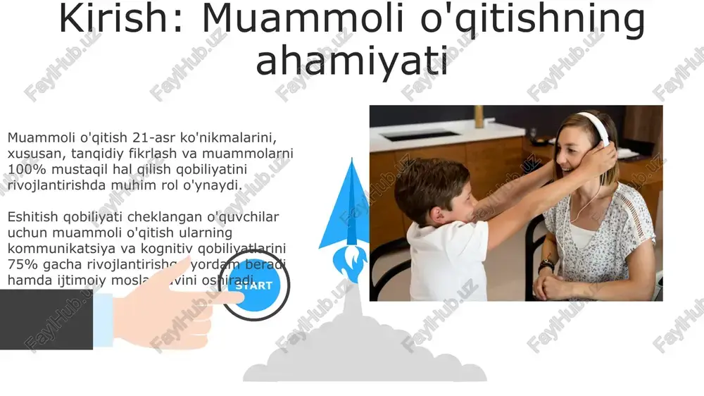 llik shkala bo'yicha baholanadi. eshitish qobiliyati cheklangan o'quvchilarga moslashtirish vizual qo'llab-quvvatlashni kuchaytirish, masalan, 80% vizual material va 20% audio, muammolarni tushunish va yechish jarayonida muhim rol o'ynaydi. nutqni tushunish qiyin bo'lganligi sababli, 3-4 bosqichli oddiy yo'riqnomalar bilan muammolarni bosqichma-bosqich hal qilish usullarini qo'llash lozim. 06 05 04 xulosa va tavsiyalar 01 02 o'quvchilarda muammolarni yechish ko'nikmalarini rivojlantirish uchun, 3 bosqichli yechim: tahlil, strategiya va baholashni o'zlashtirish muhim. bu metodika 70% muvaffaqiyatga erishishga yordam beradi. eshitish qobiliyati cheklangan o'quvchilarga mo'ljallangan dasturlar, vizual materiallar, texnologiyalar va 504 rejasidagi moslashuvlar kabi 4 xil moslashuvni o'z ichiga olishi kerak. e'tiboringiz uchun rahmat image6.jpg image7.jpg image8.jpg image9.jpg image10.jpg image11.jpg image12.jpg image13.jpg image14.jpg image15.jpg image16.jpg image1.jpeg image2.jpeg image3.jpeg image4.jpeg