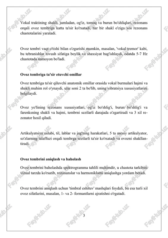 sh muhim; muntazam mashqlar ovozni 2-4 db ga kuchaytirib, so'zlarni aniq talaffuz qilishni ta'minlaydi. ovoz kuchini aniqlash va baholash ovoz kuchini o'lchashda **db spl** (desibel ovoz bosimi darajasi) ishlatiladi, bunda 0 db spl eshitish chegarasi, balandroq ko'rsatkichlar esa katta kuchni anglatadi. ovoz kuchi **audiometrik tekshiruv** orqali aniqlanadi, bu tekshiruvda turli chastotalarda eshitish qobiliyati baholanadi va ovoz kuchini aniq belgilab beradi. ovoz kuchini **subyektiv baholash** paytida, xonanda o'zining hissiyotlari va qulaylik darajasiga e'tibor qaratadi, bu uning ovoz resurslaridan samarali foydalanishiga yordam beradi. tembrni yaxshilash texnikalari diafragma nafas olish mashqlari ovozning rezonansini oshirib, 20-30% gacha aniqlik va boylik darajasini yaxshilaydi. bu, ovoz tembrini chuqurlashtiradi. og'iz va tomoq bo'shlig'ini kengaytirish, masalan, 15 daqiqa davomida 'ah' tovushini chiqarish, ovozning 10-15% gacha aniqligini oshiradi. ovoz diapazonini kengaytirish uchun lab va til mashqlari, har kuni 5-10 daqiqa mobaynida bajarish, tembrda 5-7% gacha sifatli o'zgarishga olib kelishi mumkin. quvvatni oshirish texnikalari diafragma nafas olish texnikasi ovoz kuchini …