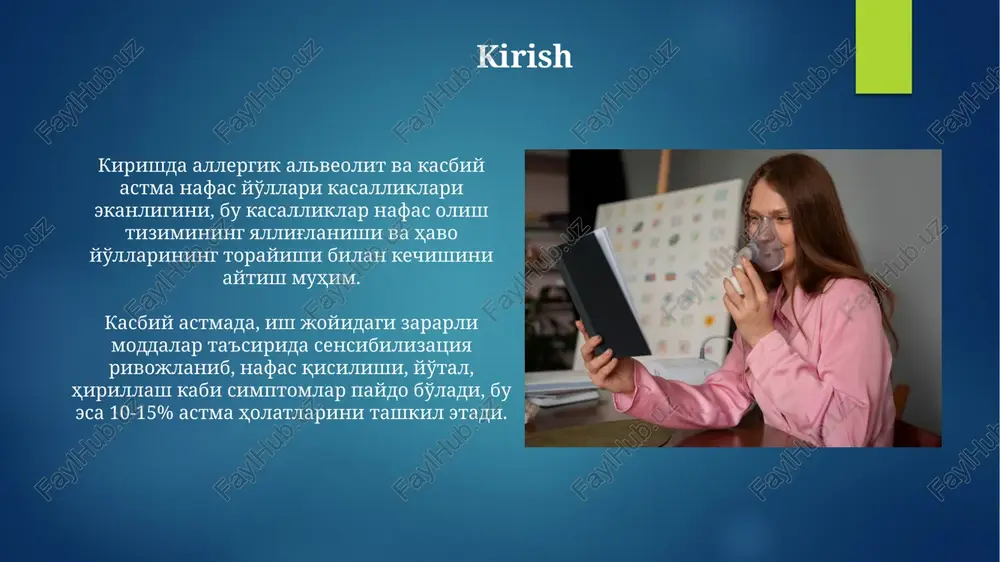 h va ta'sirdan qochish kasallikning rivojlanishini to'xtatishi mumkin, fev1 ko'rsatkichlari yaxshilanishi mumkin. surunkali allergik alveolitda prognoz og'irroq bo'lishi mumkin, o'pka fibrozi paydo bo'lishi sababli, o'pka funktsiyasi sezilarli darajada pasayadi va o'lim xavfi oshadi. profilaktika kasbiy astma va allergik alveolitning profilaktikasi uchun xavfli moddalar ta'sirini kamaytirish uchun ventilyatsiya va respiratorlardan foydalanish kabi 1-bosqich himoya choralari qo'llaniladi. profilaktikaning 2-bosqichi sifatida xodimlarni kasalliklar haqida o'qitish va ularga 3 oydan 6 oygacha bo'lgan muddatlarda muntazam tibbiy ko'rikdan o'tishni tavsiya etish muhim. e'tiboringiz uchun rahmat image7.jpg image8.jpg image9.jpg image10.jpg image11.jpg image12.jpg image13.jpg image14.jpg image15.jpg image16.jpg image17.jpg image18.jpg image1.png image2.png image3.png image4.png