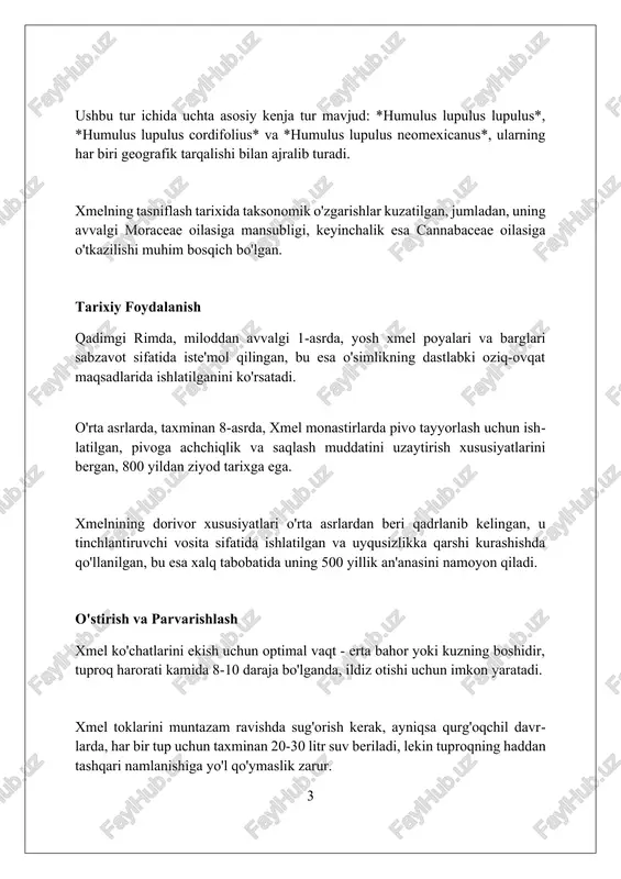 kun uzunligiga sezgir, ya'ni ularning gullashi 14 soatdan ortiq kunduzgi yorug'likni talab qiladi, bu esa mevani ishlab chiqarish vaqtiga ta'sir qiladi. ne-plus qulupnaylar erta pishadigan navlardan biri bo'lib, o'zbekiston iqlimida aprel oyining oxiridan may oyining boshlarigacha hosil beradi, bu esa 45-55 kunlik vegetatsiya davrini ko'rsatadi. remontant qulupnay navlari, masalan, albion, yiliga ikki marta hosil berishi mumkin: birinchi hosil bahorda va ikkinchi hosil yozning oxirida, bu esa 60-70 kunlik intervalni anglatadi. sog'liq uchun foydalari xmel tarkibidagi ksantoxumol erta saraton kasalliklarining oldini olishi mumkin, chunki u o'simta hujayralari o'sishini kamaytiradi va apoptozni, ya'ni dasturlashtirilgan hujayra o'limini rag'batlantiradi. xmel sedativ xususiyatlarga ega bo'lib, uxlash oldidan iste'mol qilinsa, uyqu sifatini yaxshilashga yordam beradi, asab tizimini tinchlantiradi va tunda bezovtalikni kamaytiradi. xmel tarkibidagi antioksidant birikmalar, masalan, flavonoidlar, hujayralarni erkin radikallarning shikastlanishidan himoya qiladi, oksidlovchi stressni kamaytiradi va umumiy salomatlikni yaxshilaydi. qo'llash usullari qo'llash usullaridan biri achchiqlikni muvozanatlash uchun xopni pivo tayyorlash jarayonining boshida, 60-90 daqiqa …