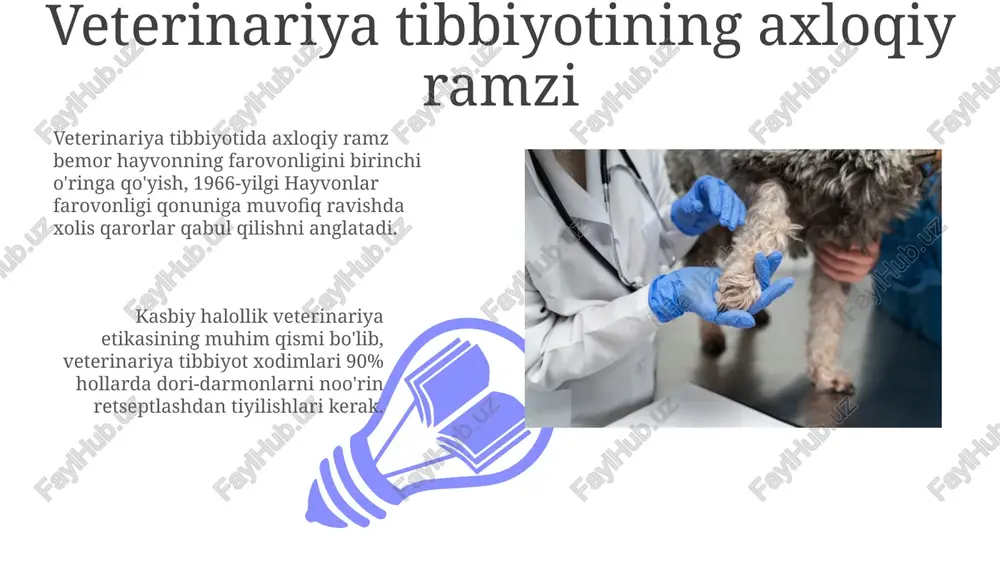 kasbiy o'sishga yordam beradi. veterinariya xodimlarining 90% i bir-birini qo'llab-quvvatlagan holda ishlaydi, bu kasbiy aloqalarni mustahkamlaydi hamda bemorlarga yaxshiroq g'amxo'rlik ko'rsatishga 100% kafolat beradi. jamiyat oldidagi mas'uliyat: veterinariya vrachlarining roli veterinariya vrachlari zoonoz kasalliklar nazoratida muhim rol o'ynaydi, inson salomatligini himoya qiladi va har yili 2.5 milliard kasallik holatining oldini olishga hissa qo'shadi. oziq-ovqat xavfsizligini ta'minlashda veterinarlar chorva mollari kasalliklarining oldini olish va nazorat qilish orqali 15-20% oziq-ovqat yo'qotilishining oldini oladi. veterinariya axloqining kelajagi: doimiy takomillashuv 01 02 sun'iy intellekt (ai) va katta ma'lumotlar tahlili veterinar axloq normalarini ishlab chiqishda 2030 yilgacha sezilarli o'zgarishlar kiritishi, qaror qabul qilish jarayonlarini optimallashtirishi kutilmoqda. sales 1st qtr 2nd qtr 100 0 sales 1st qtr 2nd qtr 100 0 e'tiboringiz uchun rahmat image5.jpg image6.jpg image7.jpg image8.jpg image9.jpg image10.jpg image11.jpg image12.jpg image13.jpg image14.jpg image15.jpg image16.jpg image1.jpeg image2.jpeg image3.jpeg