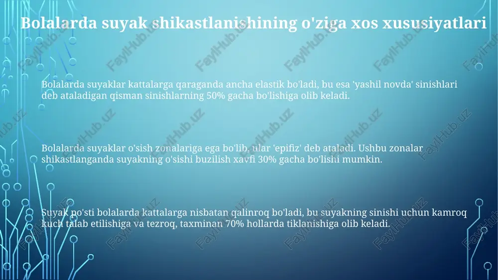 suyakning erta yopilishiga olib kelishi va 1-2 yil ichida oyoq uzunligining sezilarli darajada qisqarishiga olib keladi. suyak sinishlari bolalarda, ayniqsa tirsak sohasida, volkmann ishemik kontrakturasiga olib kelishi mumkin, bu esa doimiy nerv shikastlanishi va qo'l funksiyasining yo'qolishiga sabab bo'ladi. bolalarda suyak sinishi yaxshi bitishi uchun katta immobilizatsiya talab etilishi mumkin, bu esa uzoq vaqt davomida harakatning cheklanishiga va mushaklarning atrofiyasiga olib keladi, fizioterapiya zarur. bolalarda suyak sinishlarining oldini olish uy sharoitida 1.5 metrdan baland bo'lmagan xavfsiz muhit yaratish, yumshoq materiallar bilan himoyalash va nazorat, bolalarning tushishi va sinishini kamaytiradi. bolalarda suyaklar mo'rtligi sababli, d vitaminini kuniga 600-800 iu qabul qilish, suyak zichligini oshirib, sinish xavfini kamaytiradi, ayniqsa qish oylarida. sport mashg'ulotlari va o'yinlar paytida mos o'lchamdagi himoya vositalaridan (tizzalar, tirsaklar, dubulg'alar) foydalanish, jarohatlar xavfini 70% gacha kamaytiradi. e'tiboringiz uchun rahmat image1.png image2.png