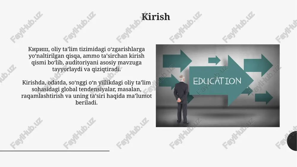 nlarni mustaqil tanlash va moslashtirish imkoniyatini beradi. moliyalashtirish manbalarining diversifikatsiyasi oliy ta’lim muassasalari davlat granti bilan bir qatorda, 10% gacha pullik o’qitishdan tushgan mablag’larni tadqiqotga yo’naltirishi, moliyaviy manbalarni kengaytiradi. xususiy sektor bilan hamkorlikni rivojlantirish, jumladan, 25% qoʻshma tadqiqot loyihalarini moliyalashtirish va kadrlar tayyorlash maqsadida homiylik mablag’larini jalb qilish muhim. xalqaro hamkorlik va mobillikni kengaytirish 2024-yilda oliy taʼlim tizimi talabalar almashinuvini oshirish maqsadida erasmus+ dasturi doirasida 1500 talaba uchun grantlar ajratishni rejalashtirmoqda. xalqaro hamkorlikni rivojlantirish maqsadida, 2023-yilda 50 ta yetakchi xorijiy universitetlar bilan qoʻshma taʼlim dasturlari (dual degree programs) tashkil etiladi. oʻqituvchilarning malakasini oshirish va qoʻllab-quvvatlash o'qituvchilarning malakasini oshirish uchun “uzlifelonglearning” platformasi orqali 100 dan ortiq onlayn kurslar taklif etiladi, bunda raqamli ko'nikmalarni rivojlantirishga e'tibor qaratiladi. 2024-yildan boshlab pedagoglarning malaka oshirish kurslari 3 yilda kamida bir marta attestatsiya natijalariga ko'ra individual trayektoriya asosida tashkil etiladi. taʼlim sifatini taʼminlash mexanizmlari taʼlim sifatini taʼminlash mexanizmlari oʻz ichiga 5 yillik akkreditatsiya jarayonini oladi, bu …
