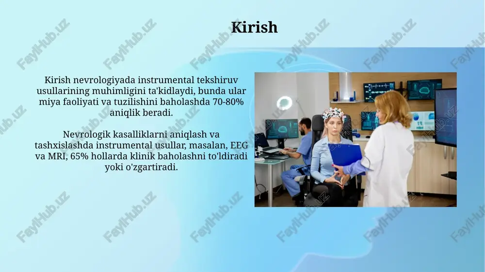 lashda va apne-hipopne indeksi (ahi) ni hisoblashda muhim rol o‘ynaydi. neyropsikologik testlar neyropsikologik testlar, miyaning 8 asosiy funktsiyasini baholaydi, masalan, til, xotira va ijro etuvchi funktsiyalar, zararlanish darajasini aniqlashga yordam beradi. ushbu testlar demansni tashxislashda va uning progressiyasini kuzatishda muhim rol o'ynaydi, xususan, mmse (mini-mental state examination) kabi 30 ballik baholashlar orqali. genetik testlar genetik testlar, masalan, ekzomni ketma-ketlashtirish, nevrologik kasalliklarda 1000 dan ortiq genetik sabablarni aniqlashga yordam beradi, tashxisni tezlashtiradi. mutatsiya tashuvchilarini aniqlash uchun ishlatiladigan genetik testlar, masalan, tashuvchilik skriningi, oilada 25% xavfni baholashga yordam beradi. e'tiboringiz uchun rahmat image3.jpg image4.jpg image5.jpg image6.jpg image7.jpg image8.jpg image9.jpg image10.jpg image11.jpg image12.jpg image13.jpg image14.jpg image1.png