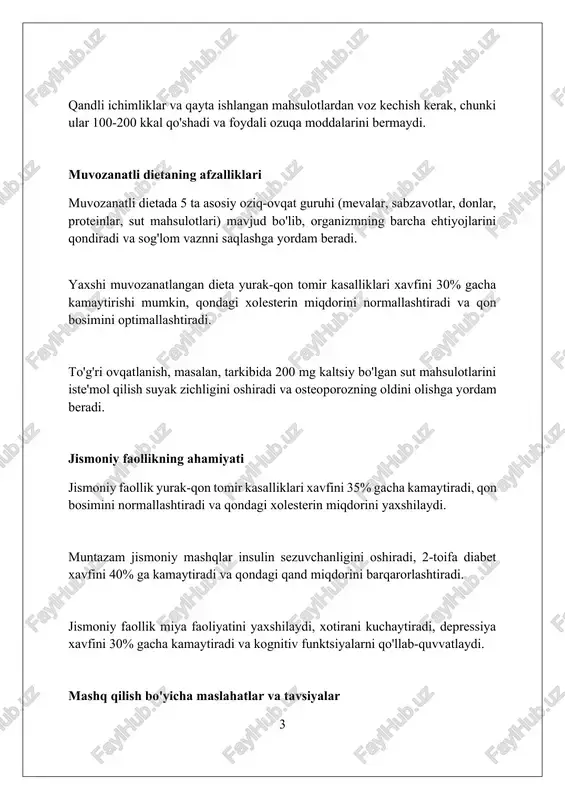 arajasini 25% ga kamaytirishi mumkin. ijtimoiy aloqalarni mustahkamlash uchun haftada kamida 2 ta yaqin inson bilan muloqot qilish depressiya xavfini 40% ga tushiradi. o'z-o'zini qadrlashni oshirish maqsadida har kuni 5 daqiqa davomida 3 ta ijobiy jihatingizni yozib boring va natijada o'zingizga bo'lgan ishonch 15% ga ortadi. zararli odatlardan voz kechish chekishni tashlash nafaqat o‘pka saratoni xavfini kamaytiradi, balki 20 daqiqa ichida yurak urish tezligini normallashtiradi va qon bosimini pasaytiradi. spirtli ichimliklarni iste’mol qilishni kamaytirish jigar kasalliklari xavfini kamaytiradi va kayfiyatni yaxshilaydi; kuniga bir stakandan oshmang. noto‘g‘ri ovqatlanish odatlaridan voz kechish, masalan, fastfud iste’molini kamaytirish, semirish xavfini kamaytiradi va energiya darajasini 30% ga oshiradi. gidratatsiya: suvning ahamiyati tananing 55% dan 78% gacha qismi suvdan iborat boʻlib, har bir hujayra, organ va toʻqima normal ishlashi uchun optimal gidratatsiya zarur. u haroratni tartibga soladi. kuniga kamida 8 stakan (taxminan 2 litr) suv ichish tavsiya etiladi. jismoniy faollik, iqlim va individual metabolizm bu miqdorga …