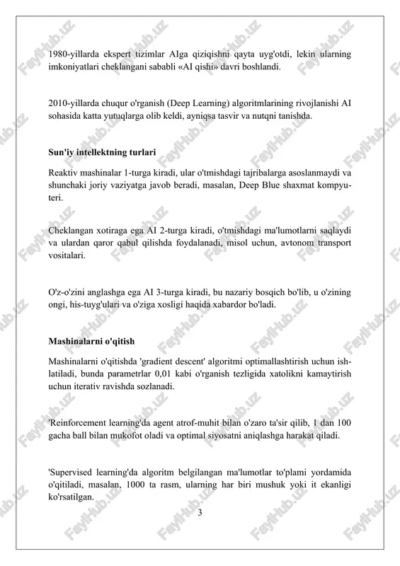 tahlil qilib, yangi mahsulotlar va xizmatlar yaratishga yordam beradi, bozor tendensiyalarini 85% aniqlik bilan bashorat qiladi. sun'iy intellektning kamchiliklari sun'iy intellektning "qora quti" tabiati qaror qabul qilish jarayonini tushunishni qiyinlashtiradi, bu esa javobgarlikni aniqlashda 30% gacha muammolarni keltirib chiqarishi mumkin. ai tizimlari katta hajmdagi ma'lumotlarga tayanadi; noto'g'ri yoki noto'liq ma'lumotlar 25% gacha noto'g'ri natijalarga olib kelishi va adolatli qarorlarni buzishi mumkin. sun'iy intellektni yaratish va qo'llash yuqori energiya sarfini talab qiladi, bu esa karbonat angidrid emissiyasini 15% gacha oshirishi va atrof-muhitga salbiy ta'sir ko'rsatishi mumkin. sun'iy intellektning qo'llanilish sohalari sun'iy intellekt tibbiyotda kasalliklarni aniqlash uchun ishlatiladi, 90% aniqlik bilan rentgen va mrt tasvirlarini tahlil qilib, radiologlarga yordam beradi. ai moliya sohasida firibgarlikni aniqlash uchun qo'llaniladi, millionlab transaktsiyalarni analiz qilib, noto'g'ri harakatlarni 95% aniqlik bilan topadi. ta'lim sohasida ai o'quvchilarga moslashuvchan ta'lim dasturlarini yaratishga yordam beradi, har bir o'quvchining individual ehtiyojlarini qondirib, 80% samaradorlikka erishiladi. sun'iy intellektning axloqiy muammolari sun'iy intellektning …