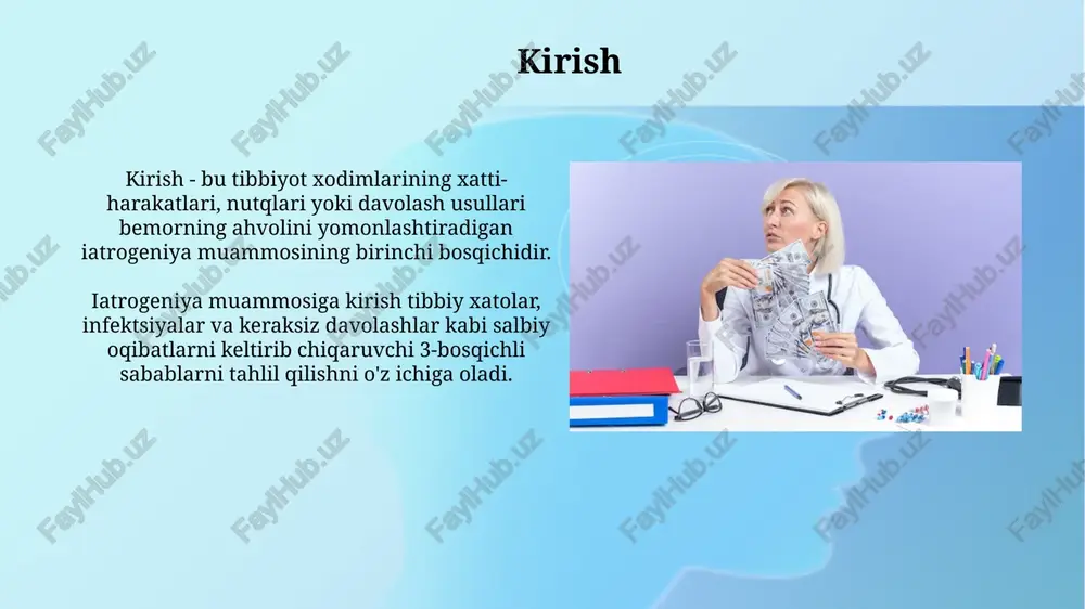 rivojlanish xavfini oshirishi mumkin, shuning uchun ehtiyotkorlik zarur. iatrogeniyani oldini olish yo'llari kompleks tibbiy yordam: 1) dori vositalarini ko'rib chiqish; 2) diagnostik testlarni optimallashtirish; 3) tibbiy xodimlarning 24/7 davomida ta'lim olishi, iatrogeniya xavfini kamaytiradi. bemorlarning faol ishtiroki muhim. bemorlar dori-darmonlar, testlar va muolajalar haqida savollar berishlari kerak. shuningdek, sog'liqni saqlash qarorlarida faol bo'lishlari kerak. xulosa iatrogeniya muammolarini minimallashtirish uchun sog'liqni saqlash tizimi shaffofligi 30% ga oshirilishi va 15% ko'proq bemor ishtiroki ta'minlanishi kerak. xulosa shuni ko'rsatadiki, iatrogeniya holatlarining 25% dan ortig'i profilaktika choralari orqali oldini olish mumkin, bunda xavf omillarini baholash 40% ga yaxshilanishi lozim. e'tiboringiz uchun rahmat image3.jpg image4.jpg image5.jpg image6.jpg image7.jpg image8.jpg image9.jpg image10.jpg image11.jpg image12.jpg image13.jpg image14.jpg image1.png