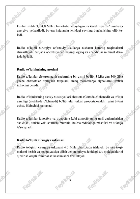 to'lqinli xirurgiya boshqa usullarga nisbatan sekinroq bo'lishi mumkin, masalan, katta hajmdagi o'smalarni olib tashlashda, bu esa 5-10 daqiqagacha qo'shimcha vaqt talab qilishi mumkin. qo'llash sohalari: dermatologiya dermatologiyada radiochastotali jarrohlik benign teri o'smalarini, masalan, seborik keratozlarni olib tashlash uchun aniq va minimal chandiqli ablasyon imkonini beradi. jarayon 4.0 mgts chastotali radioto'lqinlardan foydalanadi. radiochastotali jarrohlik terining malign o'smalarini, masalan, bazal hujayrali karsinomani davolashda ishlatiladi, ayniqsa, an'anaviy jarrohlik uchun qo'llanadigan jarrohlik kesmalar minimal bo'lishi kerak bo'lganda 3.8-4.0 mgts da qo'llaniladi. radiochastotali ablasyon so'gallarni, teri shoxlarini va boshqa kichik teri nuqsonlarini olib tashlashda samarali bo'lib, odatda bir necha daqiqa davom etadi va aniq natijalarni ta'minlaydi. minimal og'riq bilan 3.5 mgts dan 4.0 mgts gacha bo'lgan chastotada amalga oshiriladi. qo'llash sohalari: ginekologiya radio'to'lqinli jarrohlik bachadon bo'yni kasalliklarini davolashda keng qo'llaniladi, jumladan, bachadon bo'yni ektopiyasi va displaziyasi, cin 1, 2, 3 kabi pre-saraton holatlarni samarali yo'q qilish imkonini beradi. radio'to'lqinli ablasyon bachadon miomasini davolashda kam invaziv …