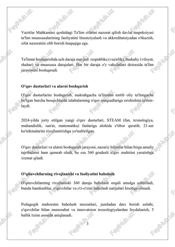 jarayoni ta'lim sifatini oshirish, xodimlarning ish haqini to'lash va infratuzilmani yaxshilash uchun mablag'larni rejalashtirish, tasdiqlash va monitoring qilishni anglatadi. moliyaviy rejalashtirishda davlat subsidiyalari, o'quv to'lovlari va homiylik kabi daromad manbalarini aniqlash, ularni strategik maqsadlarga muvofiq sarflash muhim ahamiyatga ega. ta'limda texnologiyalarni integratsiyalash ta'limda texnologiyalarni integratsiyalash o'quvchilarga 21-asr ko'nikmalarini, masalan, tanqidiy fikrlash va muammolarni hal qilishni o'rgatishga yordam beradi. texnologiyalarni integratsiya qilish 1:1 kompyuter dasturlari kabi o'quvchilarga moslashtirilgan o'rganish tajribasini taqdim etadi, natijada o'zlashtirish darajasi oshadi. turli xil onlayn resurslar va simulyatsiyalar, masalan, virtual laboratoriyalar fanlarni o'qitishda qo'llaniladi, o'quv jarayonini qiziqarli qiladi va tushunishni yaxshilaydi. ma'lumotlar tahlili va qaror qabul qilish ma’lumotlar tahlili orqali ta’lim sifatini baholashda, reyting ko’rsatkichlari va o’zlashtirish darajasi kabi 75% aniqroq ma’lumotlarni olish imkoniyati mavjud. statistik tahlil usullari (anova, regression) yordamida 20% kamroq xatolik bilan resurslarni taqsimlash bo’yicha oqilona qarorlar qabul qilish mumkin. ma’lumotlarni vizualizatsiya qilish (grafiklar, diagrammalar) orqali, 80% osonroq tushunarli holatda pedagoglar faoliyatini tahlil etib, …