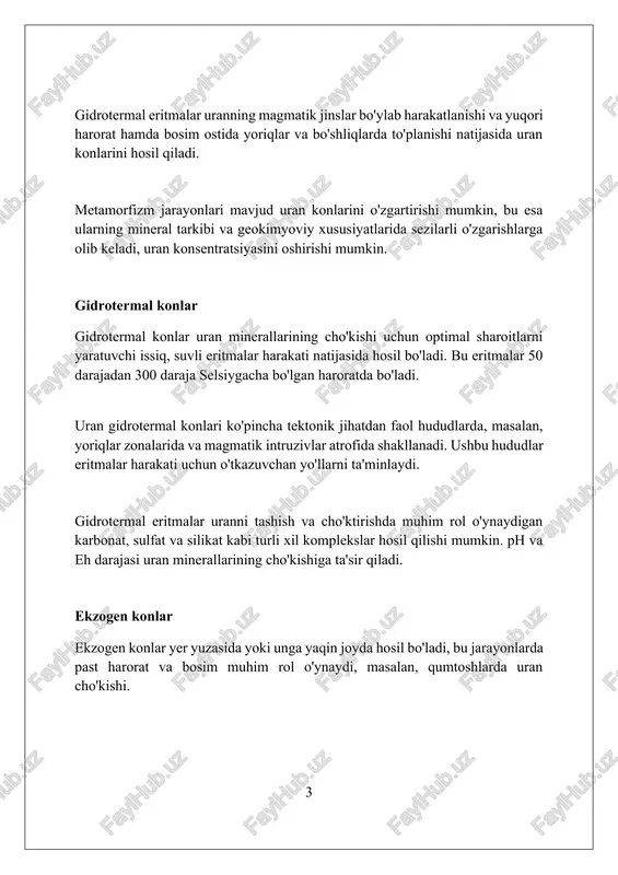 karnotit (k2(uo2)2(vo4)2·1-3h2o) - bu yorqin sariq rangli, suvli uranil vanadati boʻlib, uranning 50% dan 55% gacha boʻlgan qismini oʻz ichiga oladi, uning qattiqligi esa 2-3 ni tashkil qiladi. kofferit (u(sio4)1-x(oh)4x) uran silikat minerali boʻlib, taxminan 60% dan 70% gacha uran oksidi (uo2) ni oʻz ichiga oladi, amorf tabiatga ega va metamikt tuzilishni namoyish etadi. geokimyoviy sharoitlar (ph, eh, harorat) ph darajasi uran rudalarining shakllanishida muhim rol o'ynaydi, 6 dan 8 gacha bo'lgan neytral va zaif ishqoriy sharoitlar uranning cho'kishi va konsentratsiyasi uchun qulaydir. eh (redoks potensiali) uran rudalari hosil bo'lishida oksidlanish-qaytarilish sharoitlarini belgilaydi, -0.2 dan +0.2 v gacha bo'lgan qaytarilish muhiti uranning u(vi) dan u(iv) ga o'tishiga yordam beradi. uran rudalarining shakllanishi uchun harorat 25°c dan 200°c gacha bo'lgan oralig'ida bo'lishi kerak, bu gidrotermal eritmalar orqali uranning erishi va keyinchalik cho'kishiga imkon beradi. eritmalarning manbalari va transporti eritmalarning manbalari magmatik differentsiatsiya, metamorfik jarayonlar va cho'kindi suvlardan kelib chiqishi mumkin, ularning …