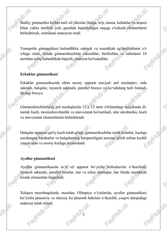 mushaklarni tayyorlab, jarohatlarni oldini oladi. gimnastika asboblari, masalan, xalqalar yoki muvozanat chizig'i, har bir foydalanishdan oldin tekshirilishi kerak, bu esa ularning xavfsizligini ta'minlaydi. musobaqalar formati musobaqalar individual va jamoaviy boʻlishi mumkin, har bir sportchi 4 ta apparatda (erkaklar) yoki 4 ta apparatda (ayollar) ball toʻplaydi, yakuniy natija esa ballar yigʻindisidan kelib chiqadi. olimpiya oʻyinlarida jamoaviy bahslar 5 kishilik jamoalar tomonidan oʻtkaziladi, unda har bir aʼzo barcha apparatlarda qatnashadi va eng yaxshi 3 natija umumiy jamoaviy ballga kiritiladi. koʻpkurash musobaqalari 2 kundan iborat boʻlib, birinchi kuni majburiy dastur, ikkinchi kuni esa ixtiyoriy dastur namoyish etiladi, bu orqali sportchilarning mahorati va ijodkorligi baholanadi. mashhur gimnastikachilar larisa latinina 18 ta olimpiya medalini qo'lga kiritgan, shu jumladan 9 ta oltin medalni, bu natija uni ko'p yillar davomida eng muvaffaqiyatli olimpiyachi sifatida saqlab qoldi. olga korbut 1972 yilgi myunxen olimpiadasida o'zining xavfli va innovatsion harakatlari, xususan, 'korbut halqasi' bilan gimnastika olamida inqilob qildi. vitaliy scherbo …