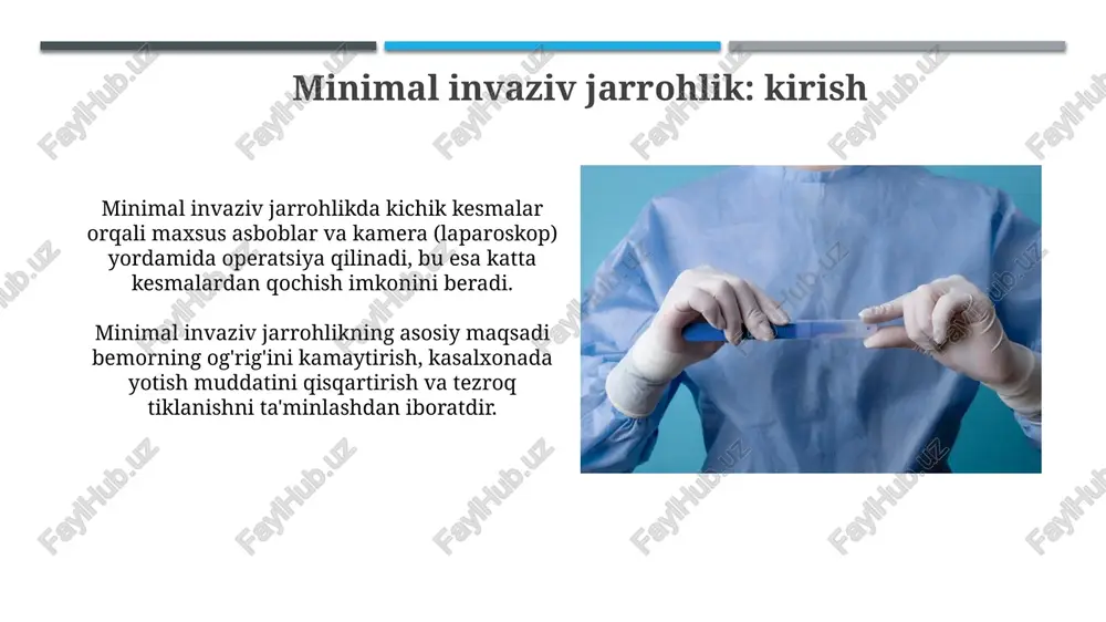 sh usullari qo'llaniladi, ularning har biri o'ziga xos afzallik va kamchiliklarga ega. tasvir navigatsiyasi tasvir navigatsiyasi 3d tasvirlarni jarrohlik asboblarining real vaqtda joylashuvi bilan integratsiyalash orqali operatsiya xavfsizligini oshiradi, 1 mm gacha aniqlik bilan. tasvir navigatsiyasi jarrohga operatsiya maydonini oldindan rejalashtirish va murakkab anatomik tuzilmalarni 2d kt/mri ma'lumotlaridan foydalanib, aniqroq aniqlash imkonini beradi. robot-yordamchi jarrohlik robot-yordamchi jarrohlik, 3d tasvirlarni taqdim etib, jarrohga kichik kesmalar orqali an’anaviy usullarda qiyin bo’lgan sohalarda yuqori aniqlik bilan operatsiya qilish imkonini beradi. da vinci robot tizimi kabi robot-yordamchi qurilmalar jarrohning qo’l harakatlarini kichraytiradi va filtrlaydi, natijada 7 daraja erkinlikka ega bo’lgan aniq harakatlar amalga oshiriladi. komplikatsiyalarni boshqarish minimal invaziv jarrohlikdagi asoratlarni boshqarish erta aniqlashga bog'liq; diagnostika tezligi va aniqligi jarrohlikdan keyingi muvaffaqiyatga ta'sir qiladi. konversiyani rejalashtirish minimal invaziv jarrohlik asoratlarini boshqarishda muhimdir; taxminan 5-10% hollarda ochiq jarrohlik aralashuvi zarur bo'lishi mumkin. o'qitish va trening minimal invaziv jarrohlikda o'qitish standartlashtirilgan modullarga asoslanadi, 1-bosqichda simulyatsiyalar, 2-bosqichda murabbiylik …