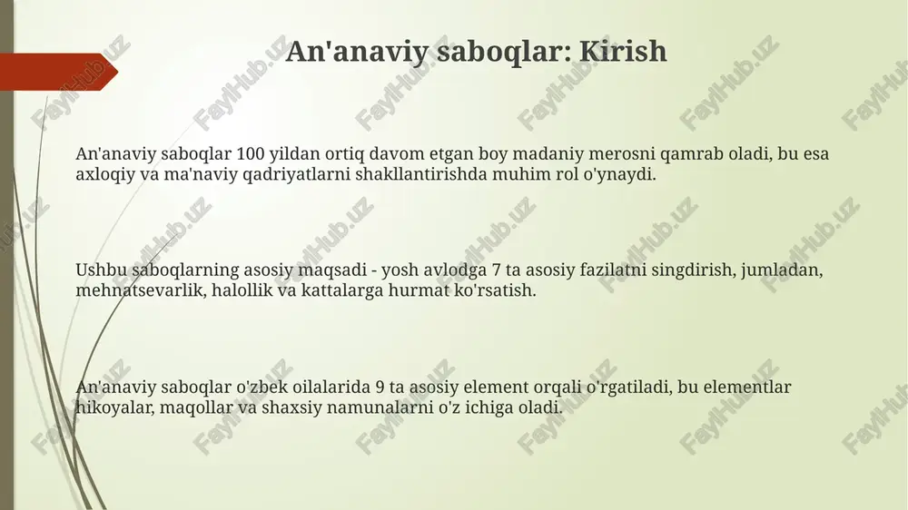 loqni beshikkka qo'yish bilan bog'liq bo'lib, 7 nafar ayol tomonidan o'tkaziladi. og'zaki ijod: hikmat va saboqlar ertaklarda yaxshilikning yomonlik ustidan g'alaba qozonishi, do'stlikning qadri va adolatning ahamiyati kabi abadiy saboqlar 3-4 xil personajlar orqali aks etadi. og'zaki ijodning hikmatlari ko'pincha maqollarda mujassamlashgan. ularning qisqa, ammo mazmunli shakli orqali hayotiy saboqlarni yetkazishda 100 dan ortiq misollar mavjud. afsonalar va rivoyatlar xalqning tarixiy xotirasini saqlab qoladi. ular ajdodlarning qahramonliklari va qadriyatlarini aks ettirib, kelajak avlodlarga 5-6 ta muhim saboq beradi. an'anaviy san'at: go'zallik ifodasi an'anaviy kashtachilikda 'iroqi' uslubi keng tarqalgan bo'lib, unda 5-7 xil ipak ipdan foydalaniladi, har bir rang nafislik va ma'noni aks ettiradi. kulolchilikda 'chini' texnikasi mashhur, unda loydan yasalgan buyumlar 1200-1300 daraja haroratda pishiriladi va sir bilan qoplanadi. o'zbek zargarligida 'tilla qosh' uslubi ajralib turadi, bunda 24 karatli oltindan foydalaniladi va naqshlar 18-19 asrlarga xosdir. milliy o'yinlar va sport turlari: jismoniy tarbiya va ruh kurash, milliy kurash turi, jismoniy …