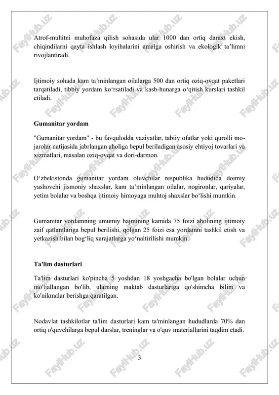 buzilishlarni hujjatlashtiradi. ushbu tashkilotlar qonunchilikni isloh qilish, davlat siyosatini o'zgartirish va inson huquqlari bo'yicha ta'lim berish orqali ekspluatatsiyaning oldini olishga qaratilgan. "inson huquqlarini himoya qilish" nntlari erta nikoh, majburiy mehnat va ayollarga nisbatan zo'ravonlik kabi inson huquqlari buzilishlariga qarshi kurashish bo'yicha loyihalarni moliyalashtiradi. ijtimoiy rivojlanish "ijtimoiy rivojlanish" nodavlat tashkilotlari imkoniyatlarini oshirish va ularning ishini baholash uchun ko'rsatkichlar tizimini ishlab chiqish kabi usullarni o'z ichiga oladi. ushbu jarayon gender tengligini ta'minlash, inklyuziv jamiyat yaratish, ijtimoiy xizmatlar sifatini yaxshilash kabi maqsadlarga erishishga qaratilgan kompleks chora-tadbirlarni o'z ichiga oladi. ijtimoiy rivojlanish faoliyati kam ta'minlangan oilalarni qo'llab-quvvatlash, erta nikohlarning oldini olish, huquqiy savodxonlikni oshirish kabi yo'nalishlarda 20 dan ortiq loyihalarni amalga oshirishni o'z ichiga olishi mumkin. lobbichilik va advokatlik lobbichilikda nntlar qonun loyihalari muhokamasida ekspertiza taqdim etadi, masalan, 2015-yilgi soliq islohotida 10 dan ortiq ekspert xulosasi taqdim etilgan. advokatlik tashkilotlari jamiyatning e'tiborini muammoga qaratish uchun tadqiqotlar olib boradi va 5000 dan ziyod odam qatnashgan …