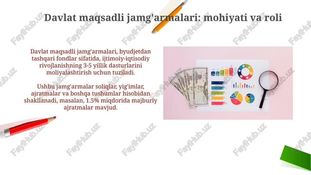 ari kelib tushishi va sarflanishini yuritish imkonini beradi, ularning harakatini umumlashtirib, 9000-sonli hisoblar bilan o'zaro bog'liqdir. davlat maqsadli jamg'armalarining moliyaviy hisobotlari davlat maqsadli jamg'armalari moliyaviy hisobotlarida byudjet tashkilotlari uchun tasdiqlangan shakllardan foydalaniladi, bunda mablag'lar harakati va qoldiqlar to'g'risidagi ma'lumotlar aks ettiriladi. jamg'armaning moliyaviy hisobotida pul mablag'lari tushumi va sarflanishi, shu jumladan maqsadli badallar, grantlar, foizlar va boshqa daromadlar hamda xarajatlar bo'yicha batafsil ma'lumotlar ko'rsatiladi. davlat maqsadli jamg'armalarining hisobot shakllari va ularni to'ldirish tartibi davlat maqsadli jamg'armalarining hisobot shakllari o'zbekiston respublikasi moliya vazirligi tomonidan tasdiqlanadi va ularda jamg'armaning mablag'lari kelib tushishi (100-shakl) va sarflanishi (200-shakl) aks ettiriladi. hisobotlarni to'ldirish tartibi jamg'armaning turiga bog'liq. masalan, pensiya jamg'armasi uchun shakllar 301 va 302-sonli buyruq asosida to'ldiriladi, unda badallar va to'lovlar ko'rsatiladi. davlat maqsadli jamg'armalarining audit tekshiruvi davlat maqsadli jamg'armalarining audit tekshiruvi moliyaviy hisobotlarning ishonchliligi va qonuniyligini, shuningdek, mablag'lardan maqsadli foydalanishni baholaydi. audit jarayonida jamg'armaning daromadlari va xarajatlari smetasi, shuningdek, uning ijrosi tahlil qilinadi, …