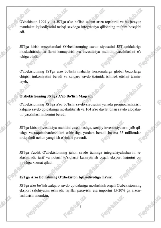 arli darajada pasaytirishni nazarda tutadi. jstga a'zo bo'lish doirasida o'zbekiston intellektual mulk huquqlarini himoya qilish bo'yicha trips bitimi kabi asosiy kelishuvlarga rioya etish majburiyatini olgan. o'zbekiston qishloq xo'jaligi subsidiyalarini qisqartirish va savdoni buzuvchi ichki qo'llab-quvvatlashni cheklash bo'yicha qat'iy majburiyatlarni qabul qildi, bu esa jst qoidalariga muvofiq bo'lishi kerak. jst standartlari va o'zbekiston qonunchiligi jst standartlari o'zbekiston qonunchiligiga integratsiyalash jarayoni, xususan, 1995-yilda tashkilotga a'zo bo'lish uchun muzokaralar olib borishni o'z ichiga oladi va bu qonunchilikni moslashtirishni talab etadi. savdo to'siqlari bo'yicha jst talablari, masalan, bojxona tariflari va noqonuniy to'siqlar o'zbekiston qonunchiligida tartibga solinishi kerak, bu esa eksport va import operatsiyalarini osonlashtiradi. intellektual mulkni himoya qilish bo'yicha jst trips bitimi o'zbekiston qonunchiligida 2002-yildan beri aks ettirilgan. bu mualliflik huquqi va patentlar himoyasini kuchaytirishga qaratilgan. o'zbekistonning jstga a'zo mamlakatlar bilan savdo aloqalari oʻzbekistonning jstga aʼzo davlatlar bilan savdo aylanmasi 2023-yilda 40 milliard aqsh dollaridan oshdi, bunda asosiy hamkorlar xitoy, rossiya va turkiya kabi …