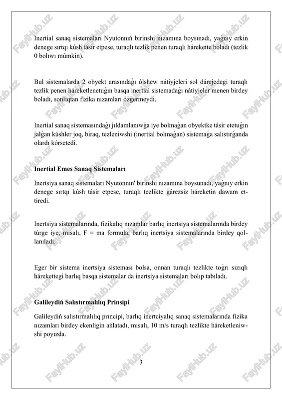 tegiyalariniң baslanio'in belgileydi, bul jerde sanli usillar islep shig'ariladi yamasa bolmasa 1-ret jaqinlastirio'diң analitikaliq sheshimin tabio'g'a boladi. «sheshilivi 1» inertsiyaliq hәm inertsiyaliq bolmag'an sanaq sistemalarin taңlao'di, yag'niy sanaq sistemasiniң teңlemege tәsirin esapqa alio'di talap etetug'in mәselelerde әhmiyetli orin tutadi. mısallar 2: inertial emes sanaq sistemasında háreket inertial sanaq sistemasında háreketlewshi obyektke tásir etiwshi barlıq kúshlerdiń geometriyalıq jıyındısı nolge teń bolsa, ol turaqlı tezlik penen háreketin dawam ettiredi yáki tınıshlıqta qala beredi. mısallar 2, birdey tezlik penen turaqlı túwrı sızıqlı hárekettegi poyızdıń ishinde shardıń túsip ketiwi galileydiń salıstırmalılıq principleri menen túsindirilip, fizika nızamları birdey boladı. nyutonnıń birinshi nızamı, yaǵnıy inertialıq nızamı inertial sanaq sistemasınıń tiykarı bolıp tabıladı hám ol tezleniw joq ekenligin, al denege tásir etiwshi kúshler muwazanalasqanın ańlatadı. sheshiliwi 2 "sheshiliwi 2" tiykarlanıp, 2024-jılda iske túsirilgen bolıp, ol jerdiń betinen 600 kilometr biyiklikte quyashqa sinkronlı orbitada aylanadı. bul jerdi baqlaw sputnigi 10 metrlik rezolyuciya menen kórinetuǵın hám infrarqızıl diapazonlardaǵı multimálimetterdi …