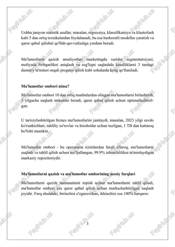 sosiy segmentni aniqlashga olib kelishi mumkin. ma'lumotlarni qazish arxitekturasi ma'lumotlarni qazish arxitekturasi 3 ta asosiy qatlamdan iborat: ma'lumotlar manbalari, ma'lumotlar ombori va tahliliy server, bu esa ma'lumotlarni saralash imkonini beradi. mdx arxitekturasida etl jarayoni muhim rol o'ynaydi, chunki u 100+ turli manbalardan ma'lumotlarni tozalaydi, o'zgartiradi va yuklaydi, sifatini ta'minlaydi. metadata repozitoriysi ma'lumotlar qazish tizimida muhim komponent bo'lib, 20+ turli ma'lumotlar modellari va algoritmlari haqida ma'lumot saqlaydi. ma'lumotlar omborining arxitekturasi ma'lumotlar ombori arxitekturasi 4 qatlamdan iborat: manba, saqlash, metadata va mijozga mo'ljallangan. etl jarayoni 3 qatlam bo'ylab ma'lumotlarni oladi va tozalaydi. arxitektura turli xil ma'lumotlar bazalarini, masalan, 5 terabaytgacha bo'lgan relyatsion tizimlarni birlashtiradi, olap va ma'lumotlarni qazib olish uchun birlashgan ko'rinish beradi. data martlar markaziy omborning kichik, 200 gigabaytlik bo'laklari bo'lib, ma'lum bir bo'limga xizmat qiladi va ma'lumotlarga tezroq kirish imkonini beradi. ma'lumotlar omborining afzalliklari ma'lumotlar ombori tarixiy ma'lumotlarni 5-10 yilgacha saqlash orqali tendensiyalarni tahlil qilish va kelajakdagi bashoratlarni aniqlashtirish imkonini …
